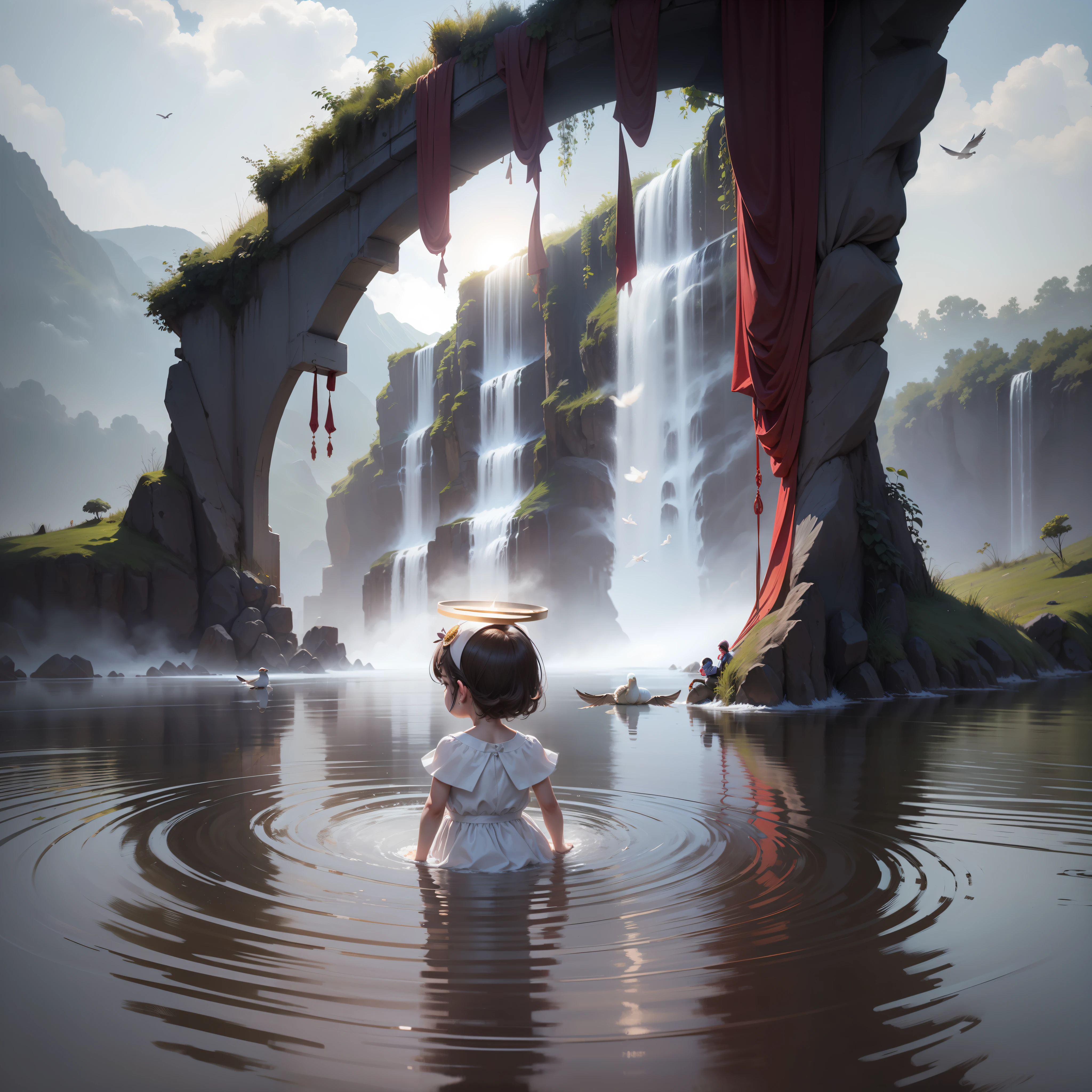 Can you put an aureole on the child's head and dress him in a white dress without changing anything else And one dove flying near the gate --auto
