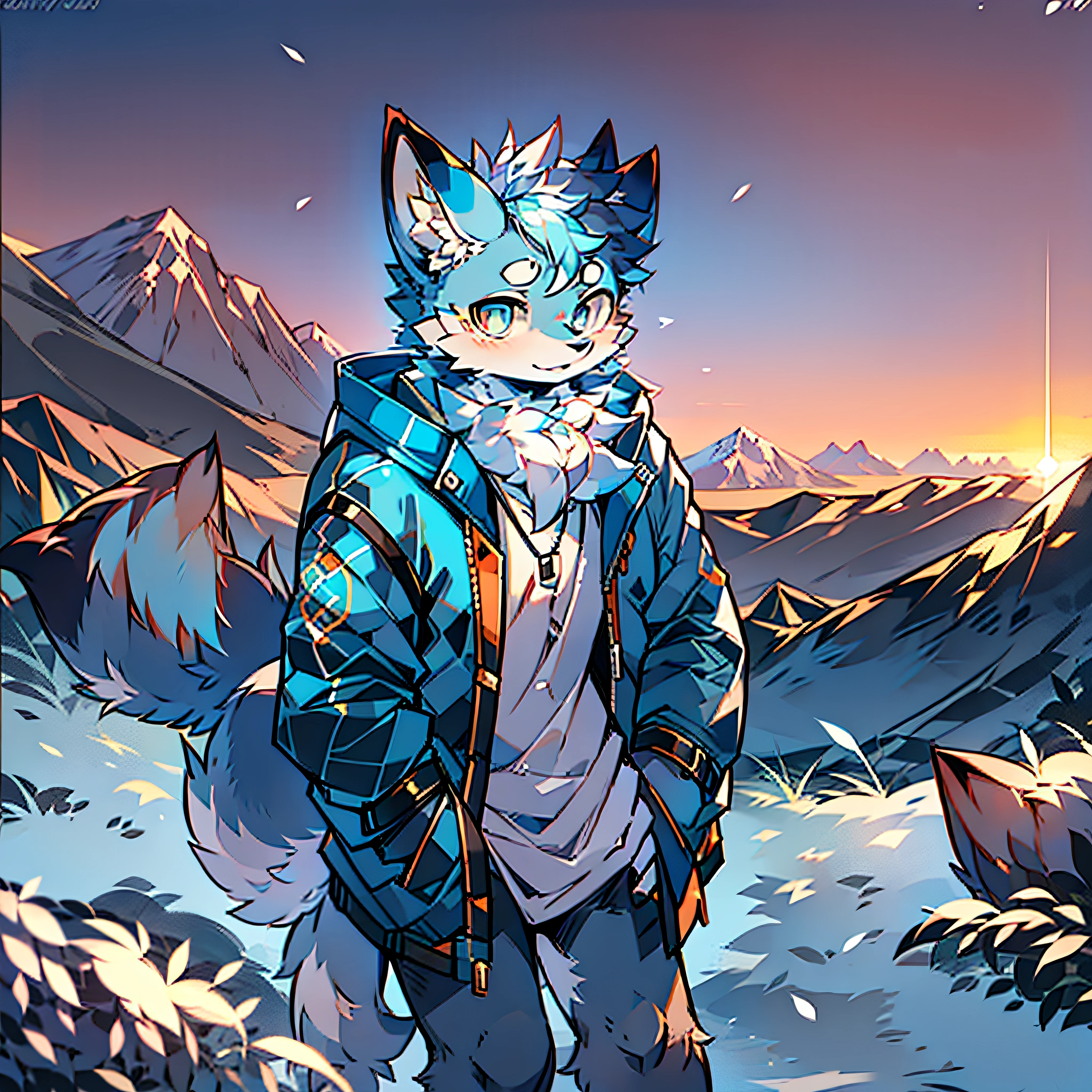 furry male blue white pattern fox bright pupils standing wearing blue cotton jacket snowy mountain sunset