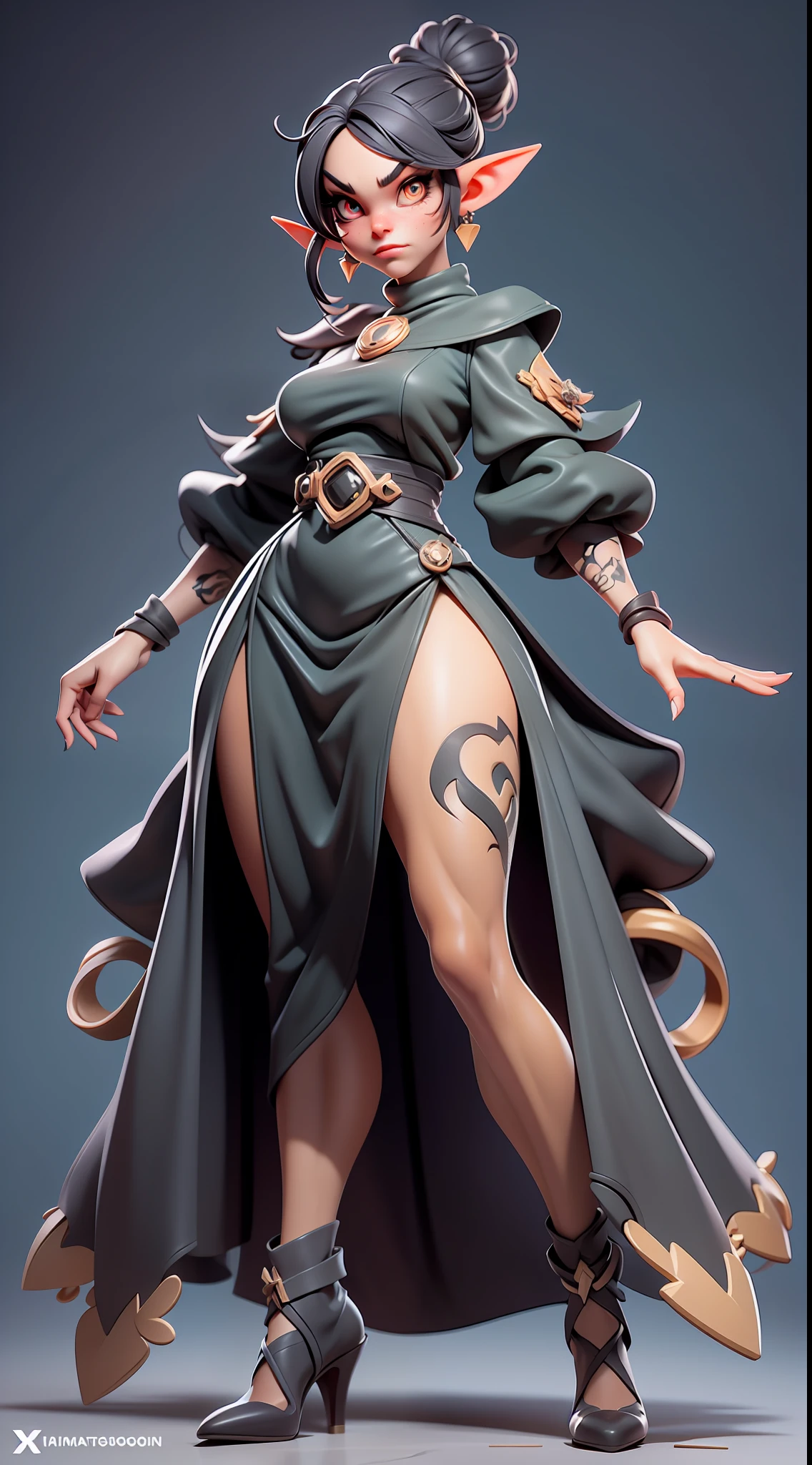 (Masterpiece), (Excellent), (Super Meticulous), (Full Body: 1.2), realistic and proportional human body:1.2, gorgeous Woman, Female beautiful elf:1.5, tall and slender, small breasts, thin waist, thick tighs, elegant lady, black hair stylized in a high high bun:1.5, solo:1.5, 1girl, hyper detailed medieval long black dress:1.8, nouble, big realistic amber eyes:1.2, hyper detailed face, d&d iconic character, hyper natural realistic skin, herbal tattoos on her neck,Very Clean Face, Confident and proud facial expression, 3D character design, CGI extreme detailed wallpaper digital art, cartoon style correct anatomy, octane render, fierce expression on her face, volumetrics