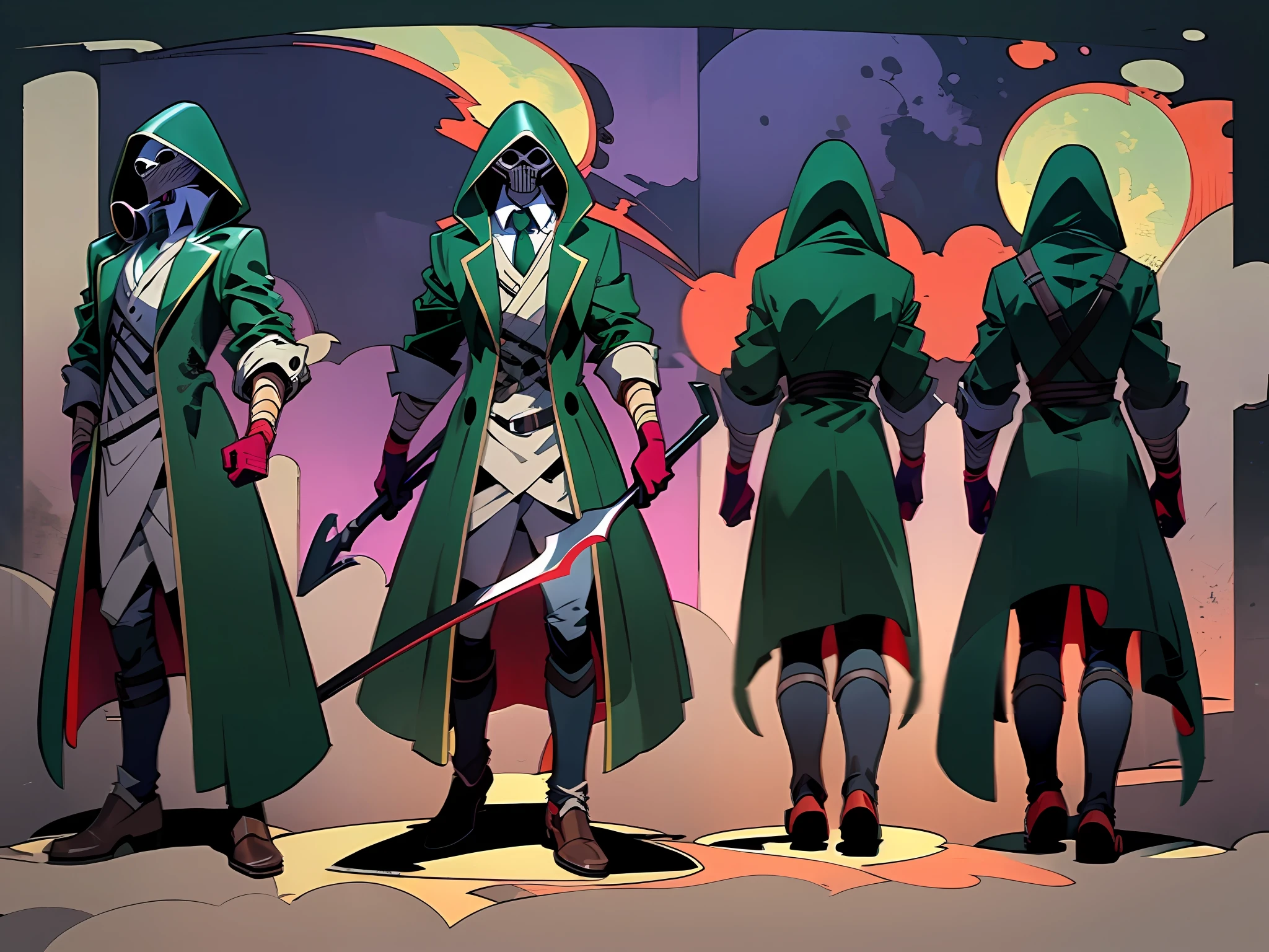 ((masterpiece)), (((best quality))), (character design sheet, same character full body, front, side, back), illustration, Izuku Midoriya as the Grim Reaper dressed in plague doctor's clothes wielding a scythe in a cemetery under the crimson moonlight.