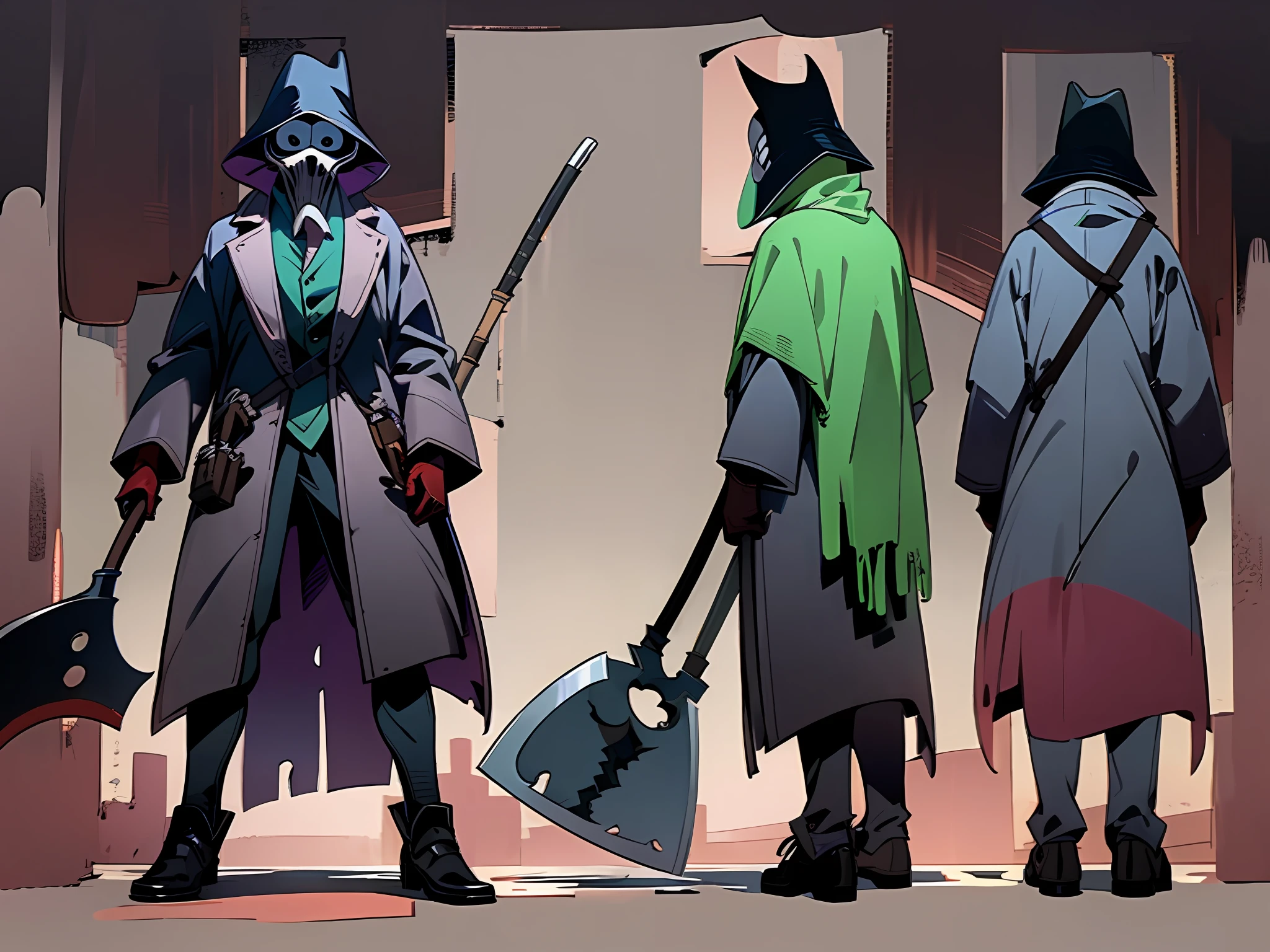 ((masterpiece)), (((best quality))), (character design sheet, same character full body, front, side, back), illustration,  Izuku Midoriya as the Grim Reaper dressed in plague doctor's clothes wielding a scythe in a cemetery under the crimson moonlight.