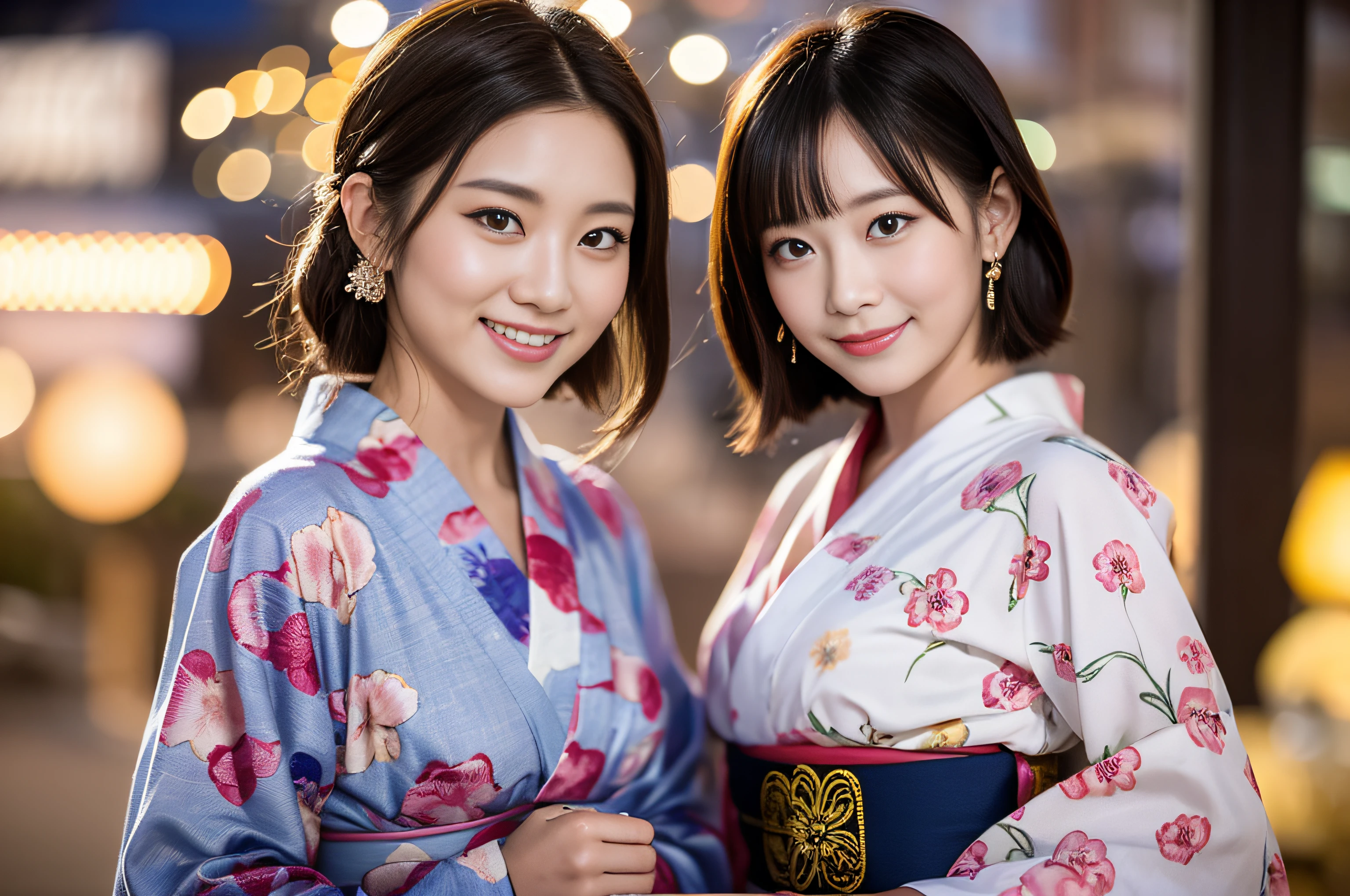 8K, very delicate and beautiful, very detailed eyes and face and skin, professional lighting, wonderful, (a large number of fireworks launched:1.2), (two beautiful Japanese ladies in the back looking at the many fireworks, 25 years old, dumpling hair), symmetrical clear eyes, slim, piercing, (smile, happy: 1.3), night:1.8, Japanese traditional yukata, cowboy shot, riverside.
