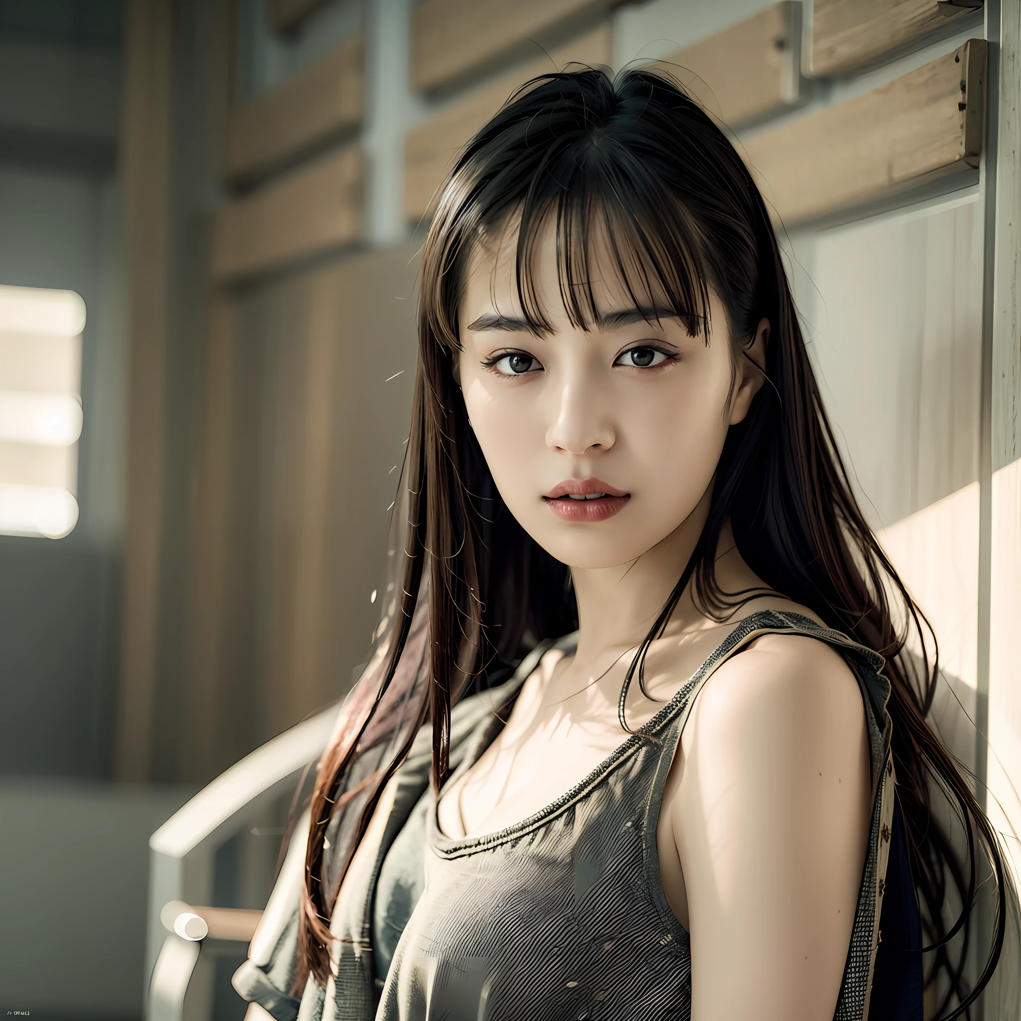 Top quality, masterpiece, ultra high resolution, (photorealistic: 1.4), raw photo, 1 girl, dark hair, shiny skin, detailed eyes, dramatic lighting, attractive rendition, long bangs, cleanliness,