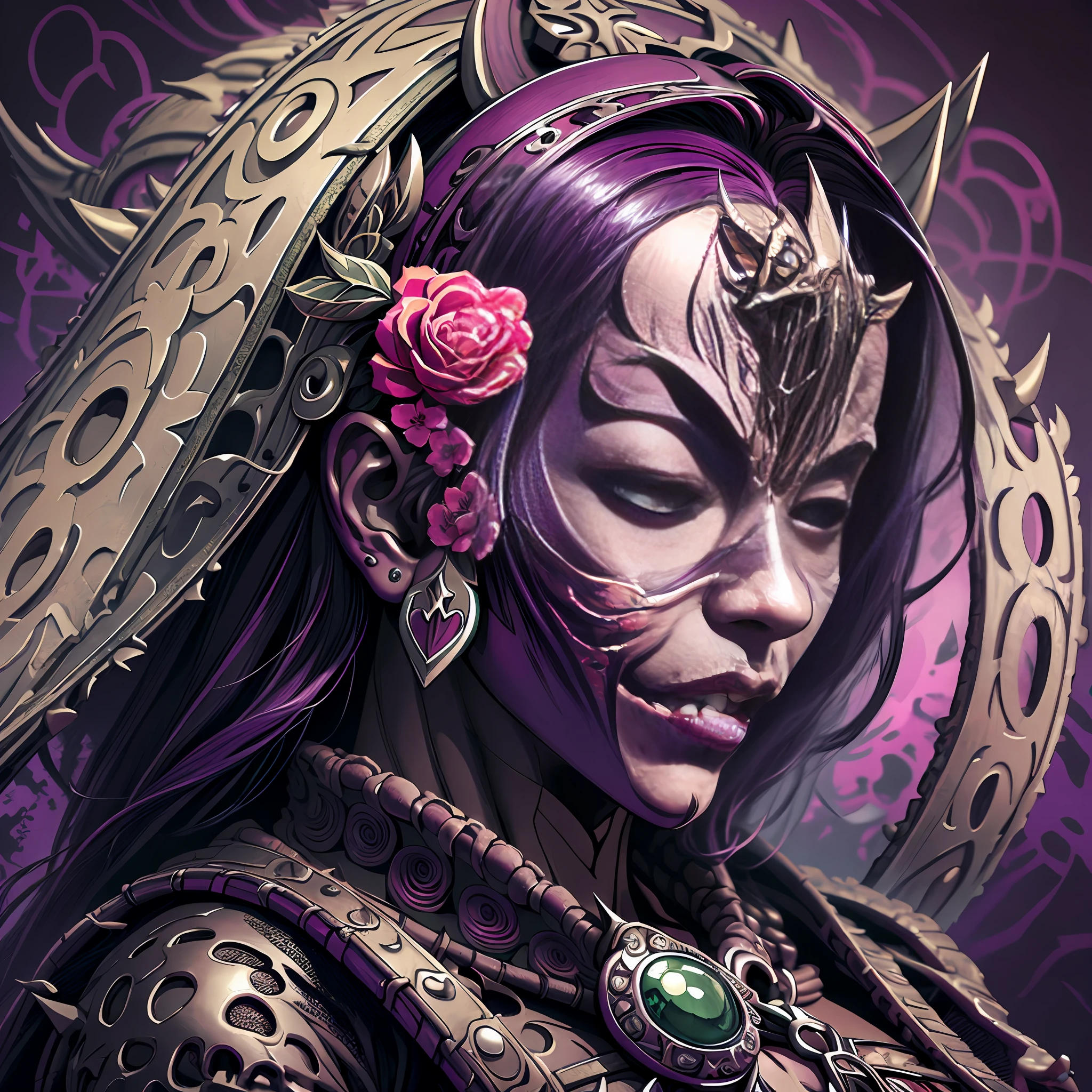 mask mouth oni  face leopard   ripper  guerrero oriental militar  dinastic  chang  native , statue  , texture marmol ,battle  whith demon , fly , bones ilustration , liner black ink contrast red and pink front  back groun flowers and ornaments japanesse  background degrade white and screen green corone spin circles stacks, high quality, highres, detail enhancement only head contrast tons purpple  liner ilustration, high quality, highres, detail enhancement --auto --s2