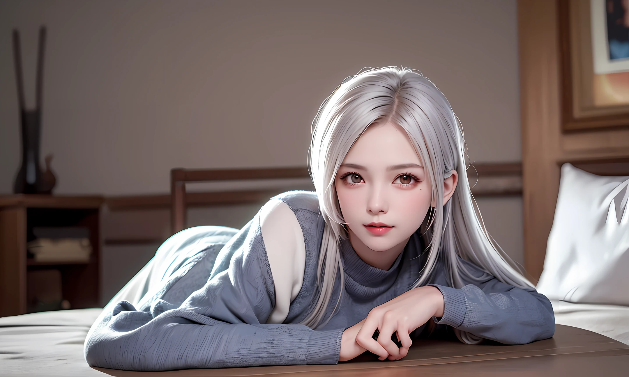 Beautiful vintage colors, Instagram (photorealistic, high resolution: 1.4), one girl, cute and sexy platinum hair in bedroom, (silver long hair), ((puffy eyes)), looking at the viewer, happy, full body (8K, RAW photo, best quality, masterpiece: 1.2), (realistic, photorealistic: 1.37), ( Sharp Focus: 1.2), Professional Lighting, Photon Mapping, Radio Physics-Based Rendering, (Close-up Angle Photo: 1.4), (Sweatpants, Sweatshirts: 1.2), (Close-up: 0.9), (Pale Skin: 1.2)