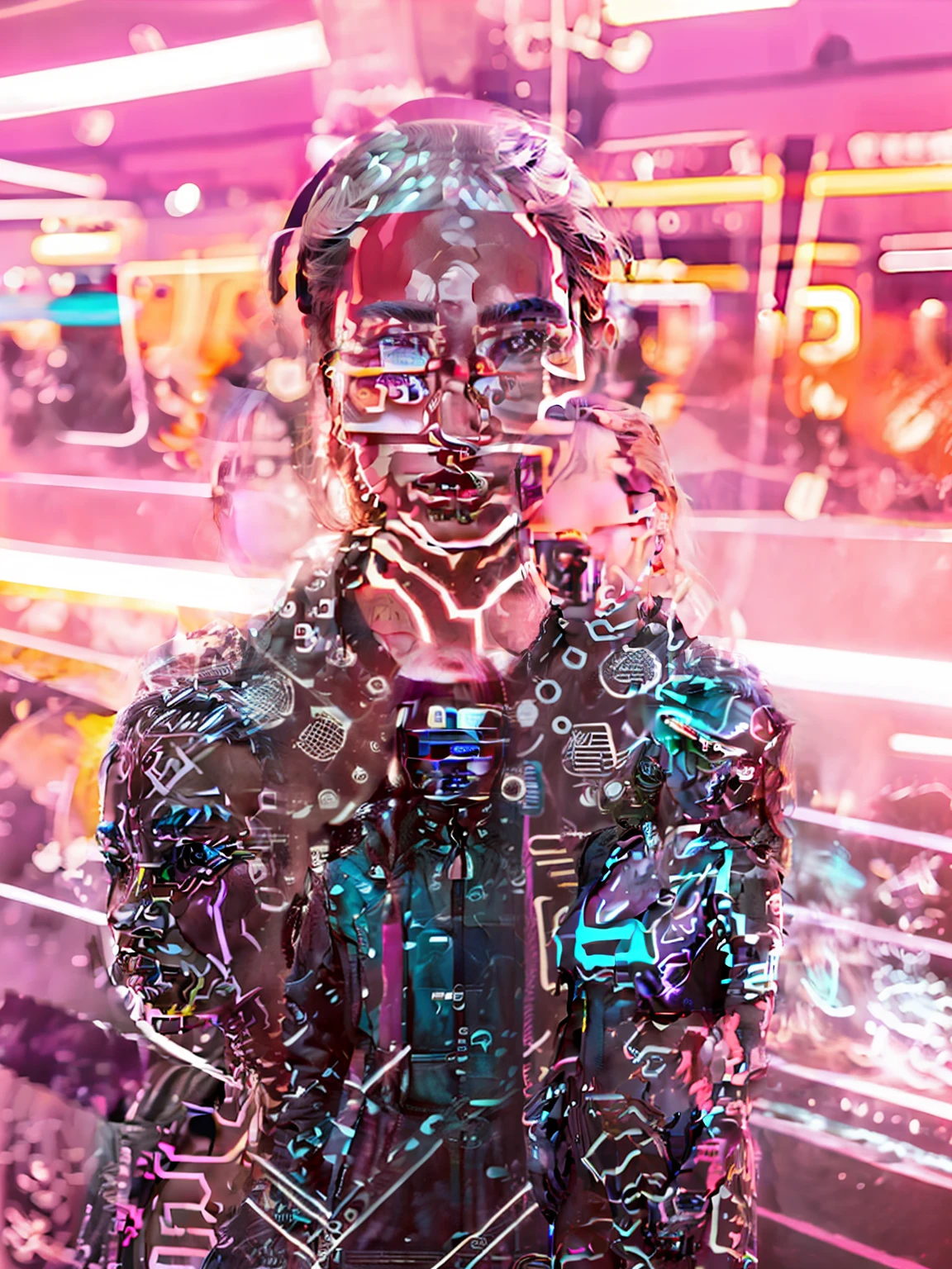 The person in the photo, standing, in a cyberpunk future in shades of purple