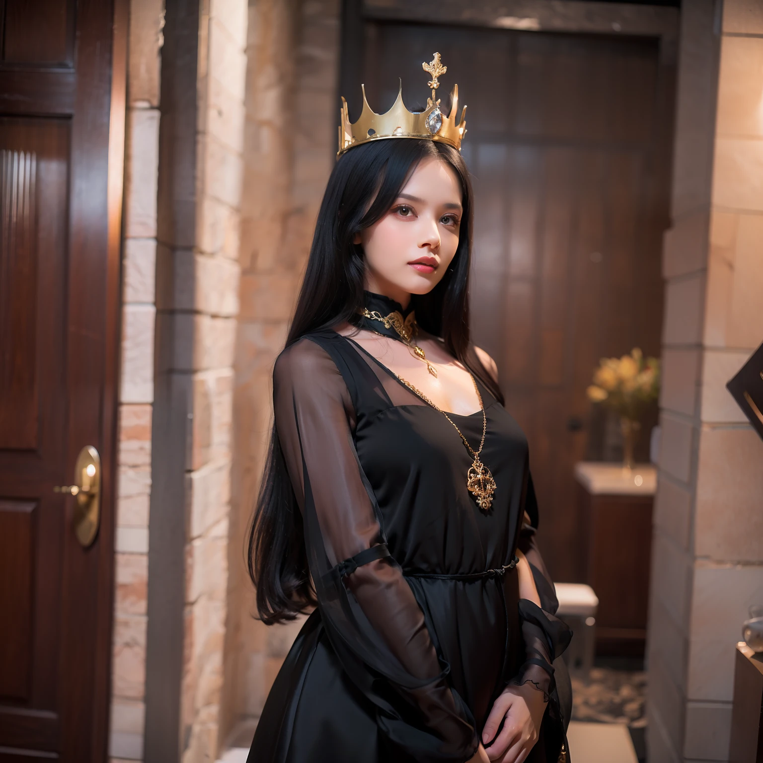 araffed sacer posing for a picture, with long black hair and golden crown, wearing long gothic dress, fine dress detailed