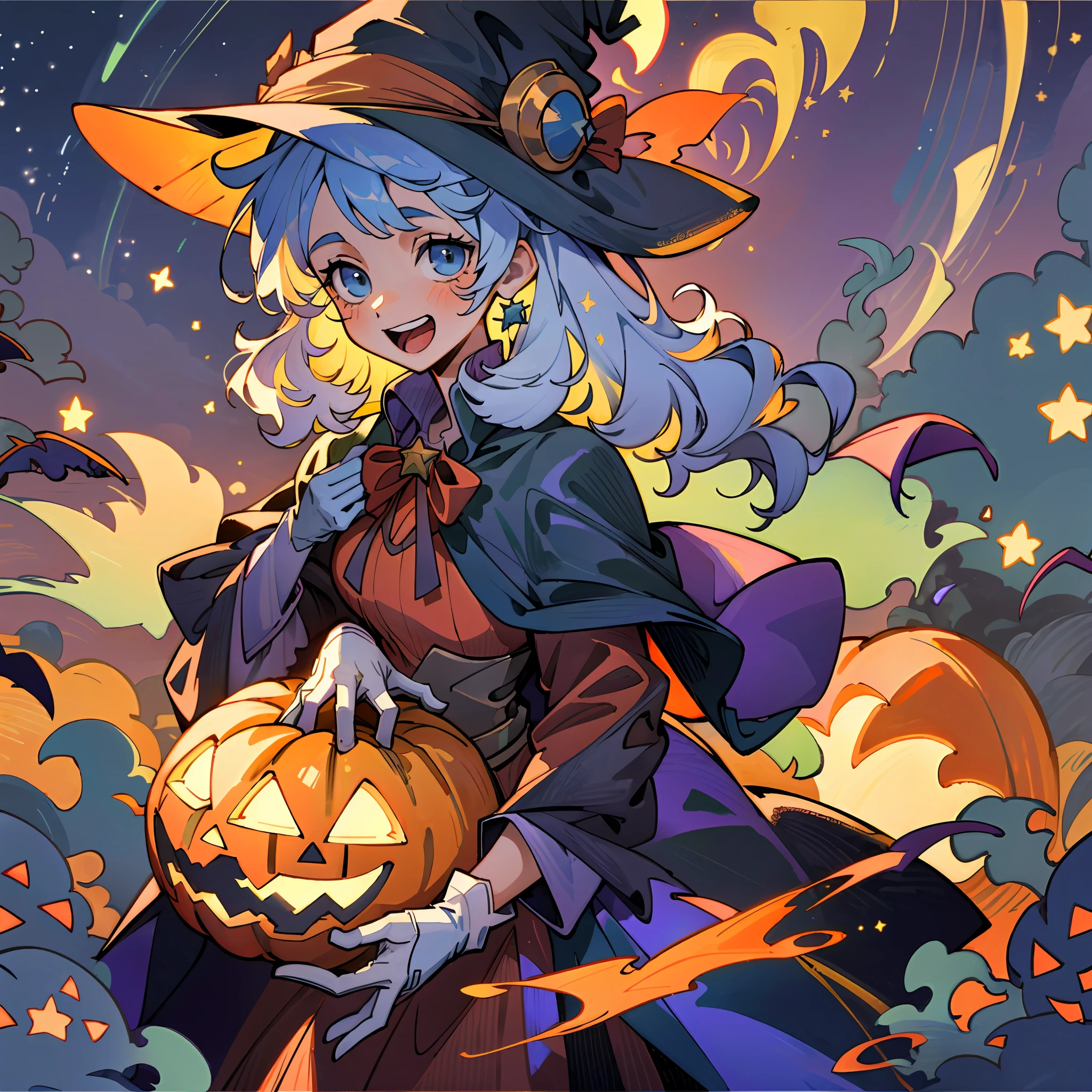 ((masterpiece:1.2, best quality)), 1girl, solo, (witch hat), a close up of a girl with curly hair, dress, aurora, night, star (sky), gloves, sky, dress, night sky, open mouth, starry sky, light blue eyes, ribbons, smile, cape, colorful hair, magic, casting spell, night, (impressionism:1.4), alphonse mucha, Halloween colors, colorful candy, magical lights, pumpkins, candies