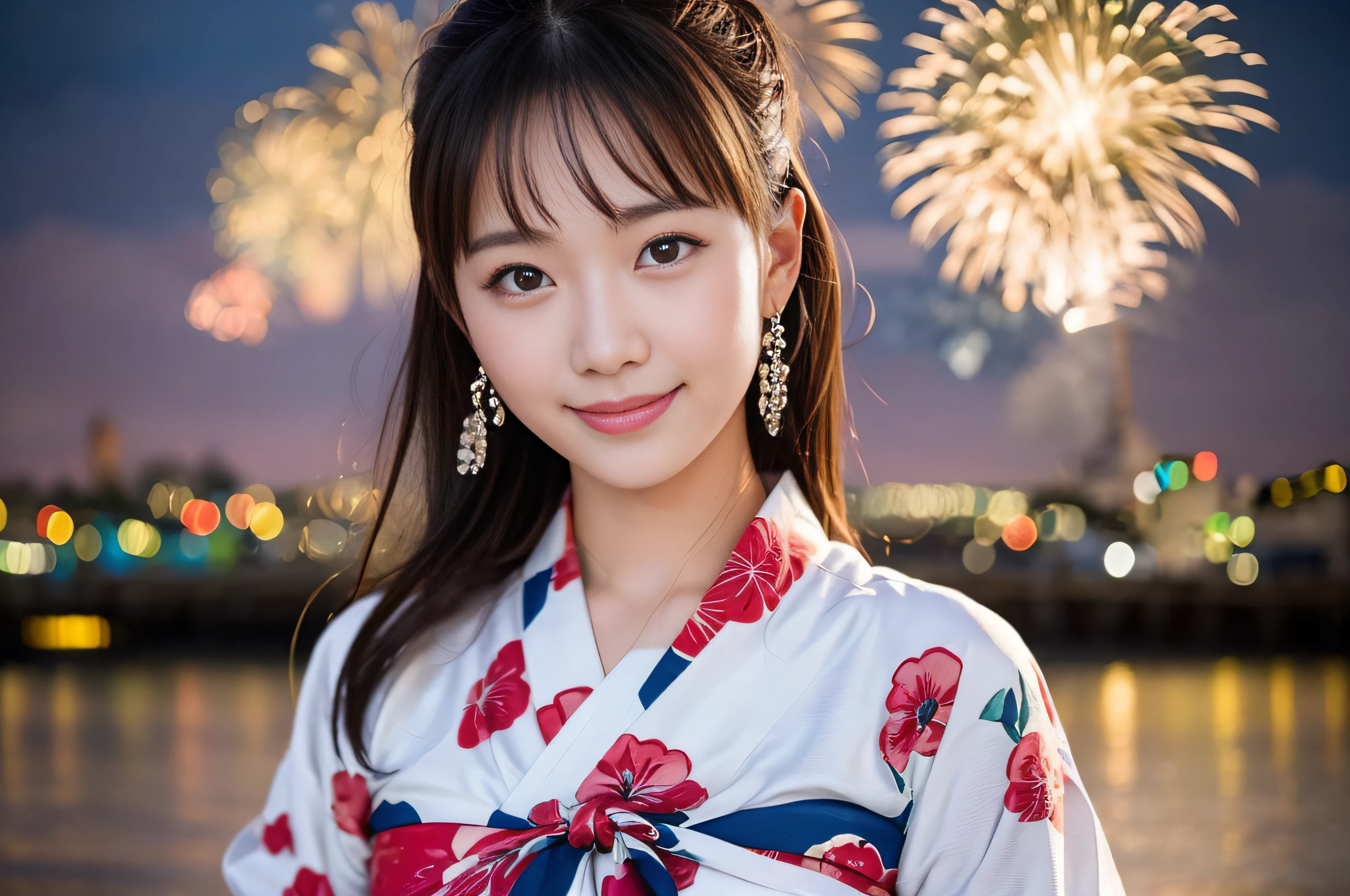8K, very delicate and beautiful, very detailed eyes and face and skin, professional lighting, wonderful, (a large number of fireworks launched:1.2), (two beautiful Japanese ladies in the back looking at the many fireworks, 25 years old, dumpling hair), symmetrical clear eyes, slim, piercing, (smile, happy: 1.3), night:1.8, Japanese traditional yukata, cowboy shot, beach