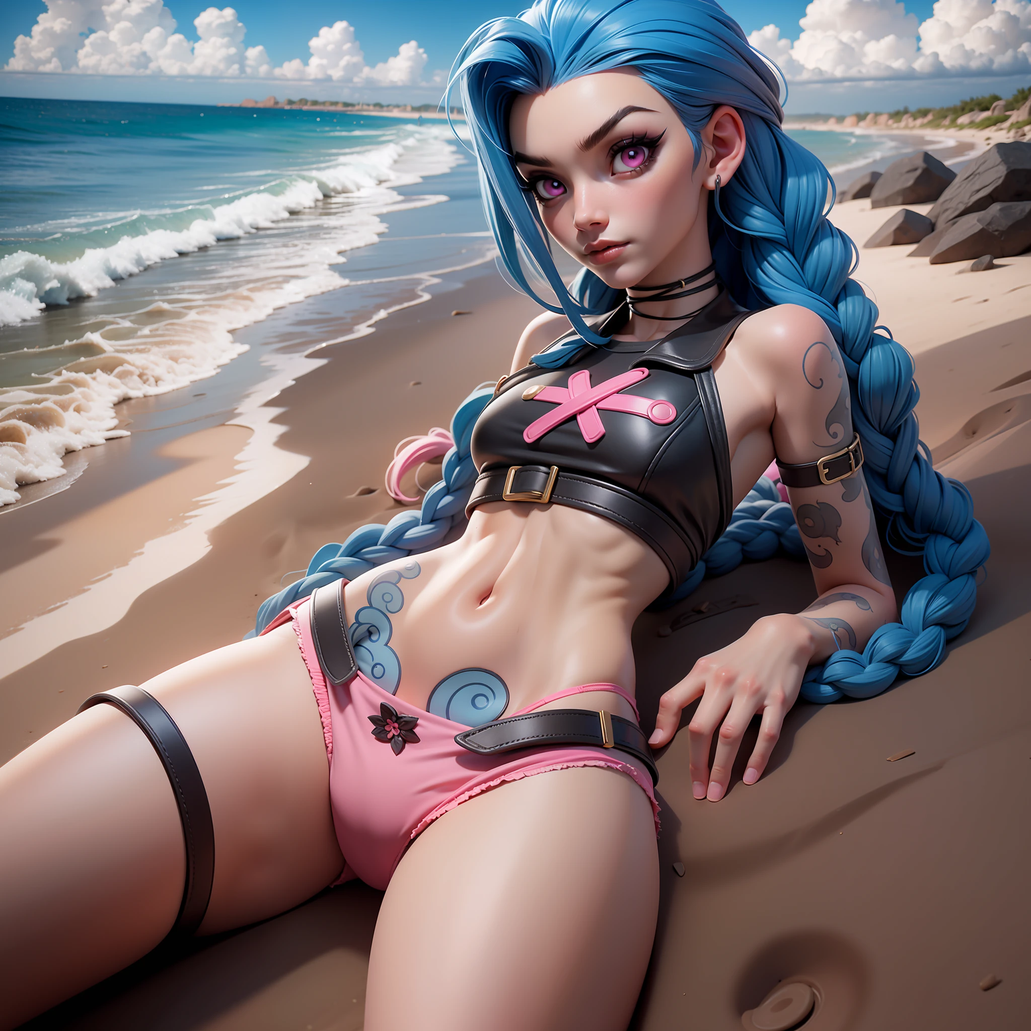 J3dmm, masterpiece, high quality best quality, 1girl, beach, sexy panties, pulling panties down, hair with two long braids, blue hair, jinx, young female, 14 years, 1girl, solo, looking at viewer, detailed pink eyes, navel, character name, looking at viewer, outdoors, , small breasts, arm tattoo, belly tattoo