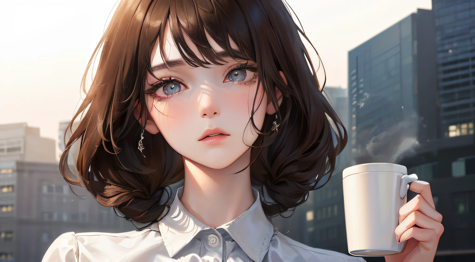 (highest resolution, distinct_image) Best quality, ((1 woman))), masterpiece, very detailed, white background, with white coffee cup in both hands, semi-realistic, brown hair, braided hairstyle, expressionless, bangs, 21 years old, mature, young, black shirt, outdoors, delicate facial features, facial features, mid-shot,