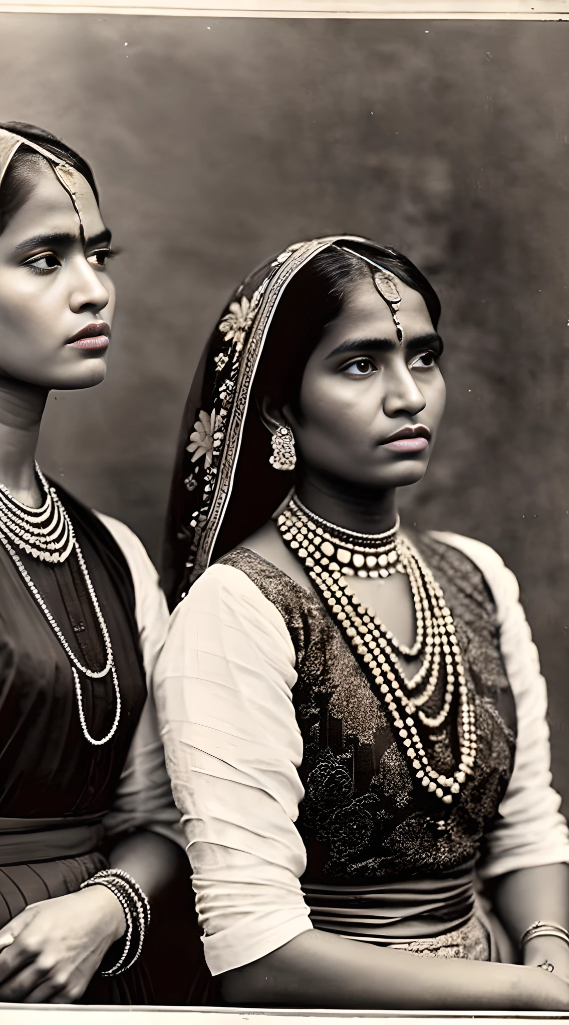 (masterpiece, vintage, raw photo:1.3), indian women from lower castes in traditional attire, captured during the 19th century, Travancore region, (sepia-toned black and white:1.2), worn edges, depicting their struggles, solemn expressions, faded backgrounds, traditional clothing reflecting their societal position, intricately woven fabrics, distinct jewelry, textured details, subtle monochromatic contrasts, historical context, side view, capturing the resilience and challenges faced by these women.