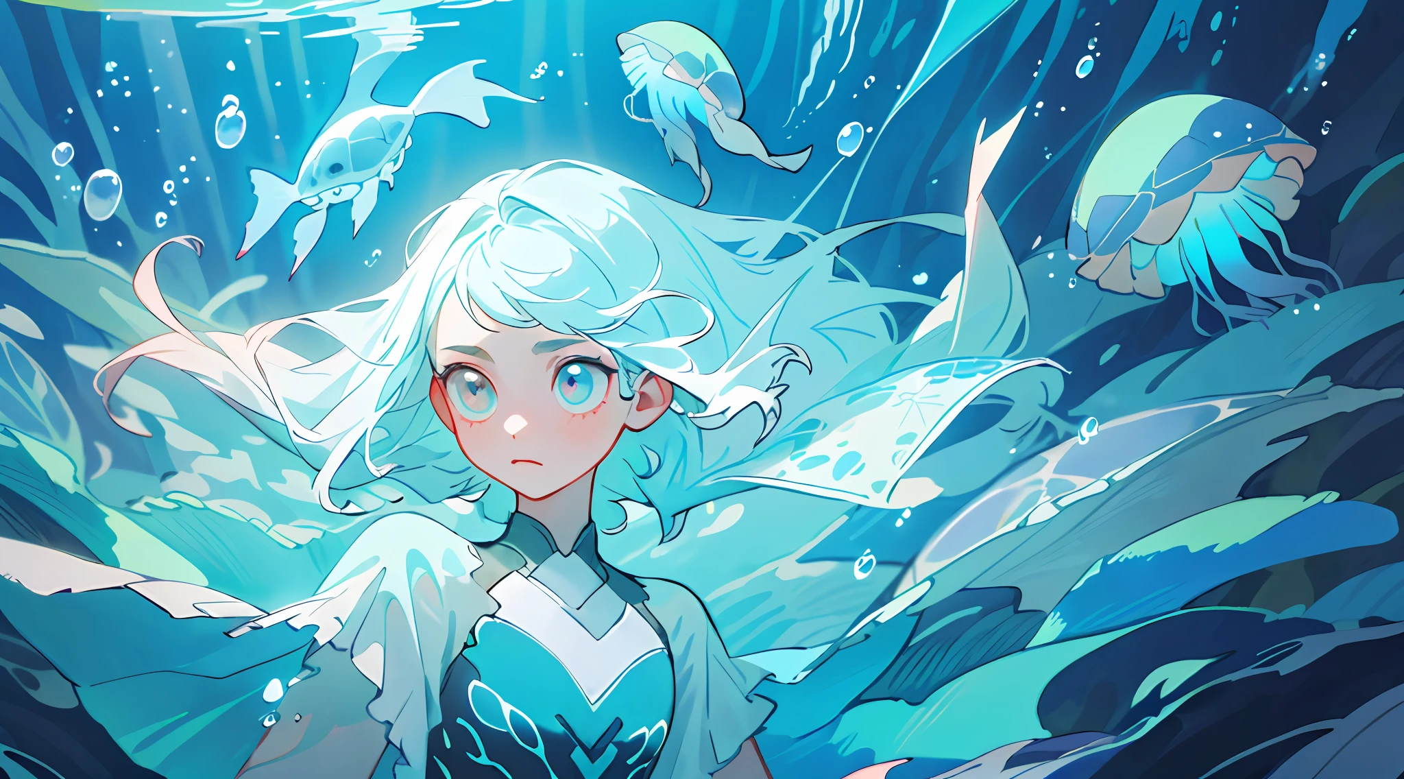 ((masterpiece,best quality)),(negative space:1.2),(1girl, solo:1.4),beautiful detailed eyes,floating hair, underwater, bubble, fish, (jellyfish), fluorescence,sea turtle, seaweed,