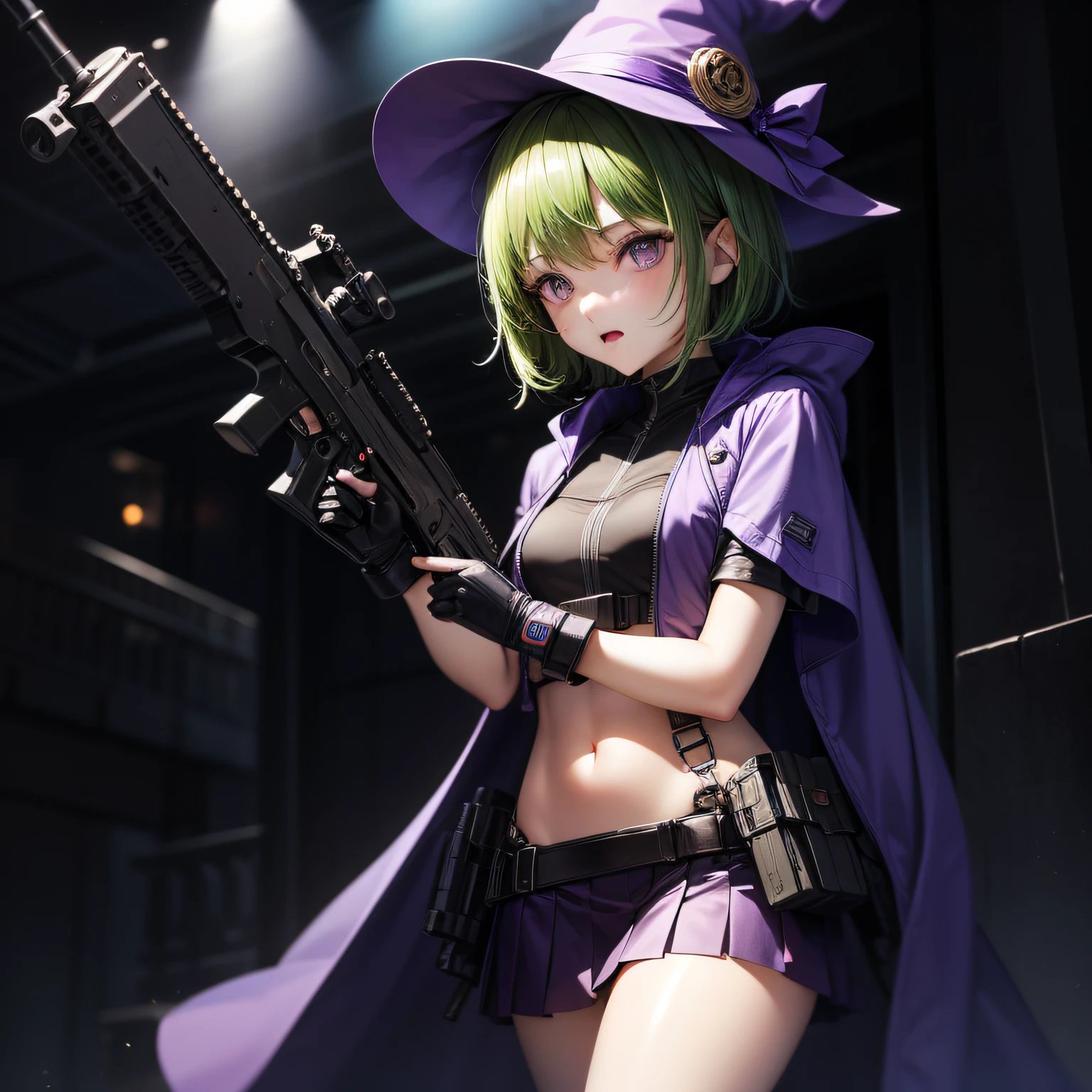 Top quality, very delicate and beautiful, (teenage girl), purple eyes, green hair, short hair, (purple pointy hat), one, tactical vest, short sleeves, purple skirt, purple wizard robe, navel, holding a submachine gun in both hands