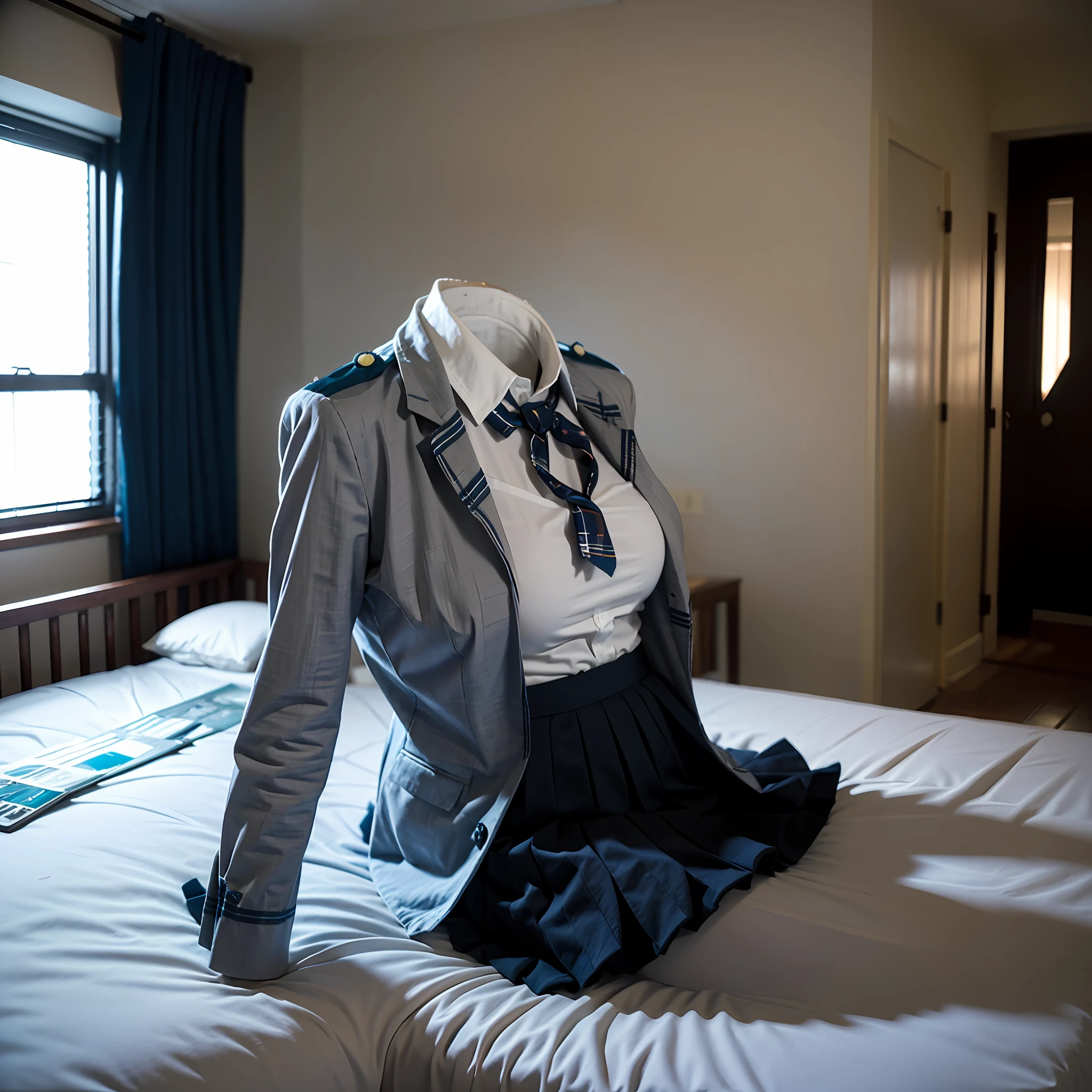 (insanely detailed), (16k), ((no humans)), ((invisible)), ((faceless)), ((headless)), ((empty clothes)), ((huge breasts)), girls' school uniforms swells as if possessed by invisible girls, huge breasts, (school uniforms lying on the bed),
