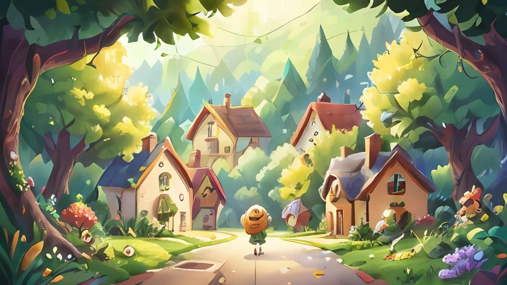 A village, surrounded by green hills and lush trees. Colorful houses line up along a street, happy people are seen walking and interacting with each other, perfect quality, clear focus (clutter - house: 0.8), (masterpiece: 1.2) (realistic: 1.2) (bokeh) (best quality) (intricate details) (8K) (sharp focus),