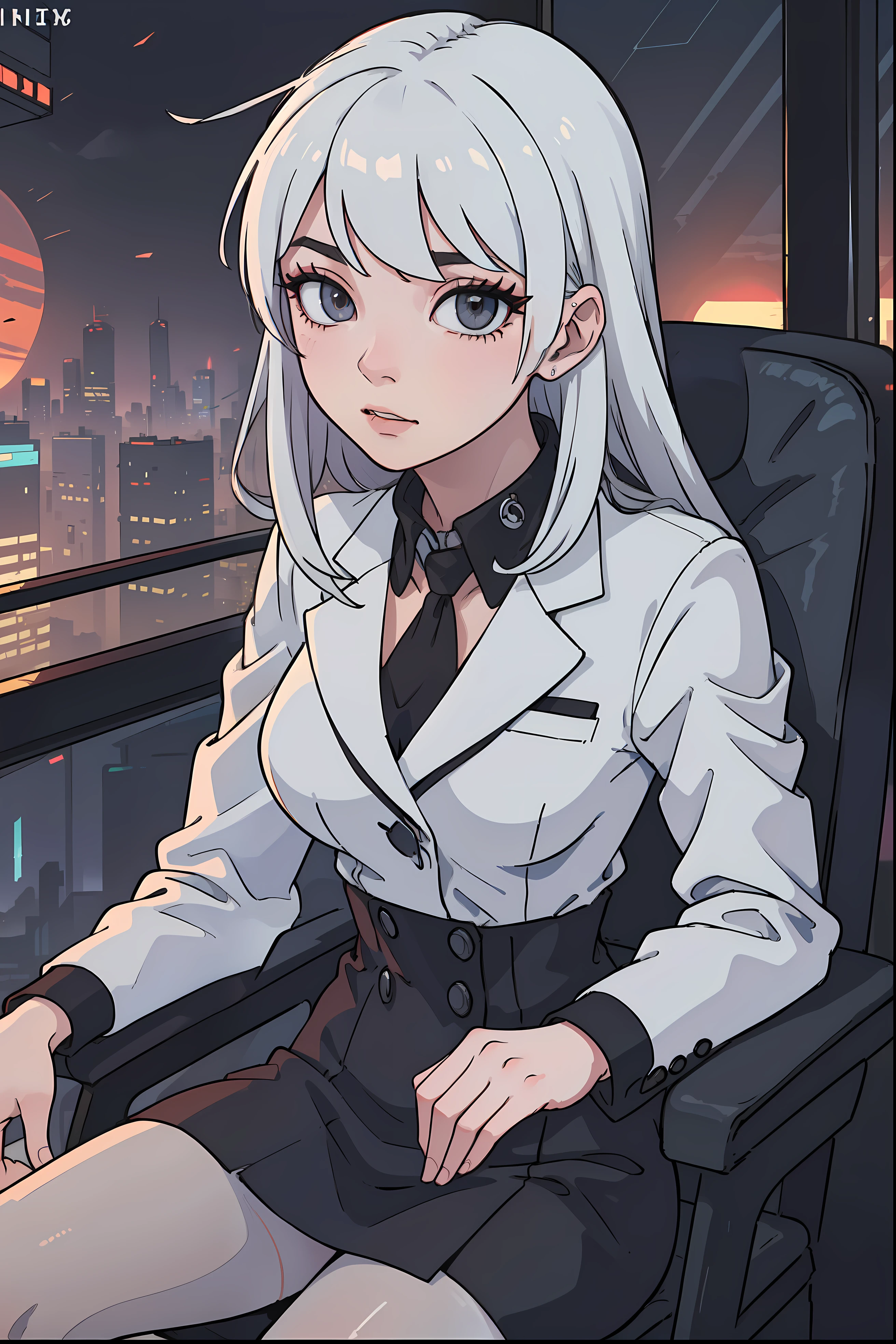 (masterpiece:1.3), (8k, photorealistic, RAW photo, best quality: 1.4), (1girl), beautiful face, (realistic face), Nice hairstyle,Realistic Eyes,Nice detail eyes,(Realistic Skin),Beautiful Skin,Ridiculous,attractive,Ultra high Resolution,an ultra realistic,RAWExtremely detailed,golden proportions, Woman wearing business outfit, formal blazer, white blouse, high waist business skirt, sheer pantyhose, beautiful, masterpiece, best quality, perfect lighting, (white hair:1.4), long hair, (grey eyes:1.2), slender build, thin, medium breasts, business woman, ceo, sitting in luxurious black office chair, giant modern window with view of dusk cyberpunk city skyline in background, close up, dusk, (cyberpunk city background:1.3), (Hazy sky:1.2), (Dim red sun:1.3), eyelashes, dark eyeliner, cyberpunk