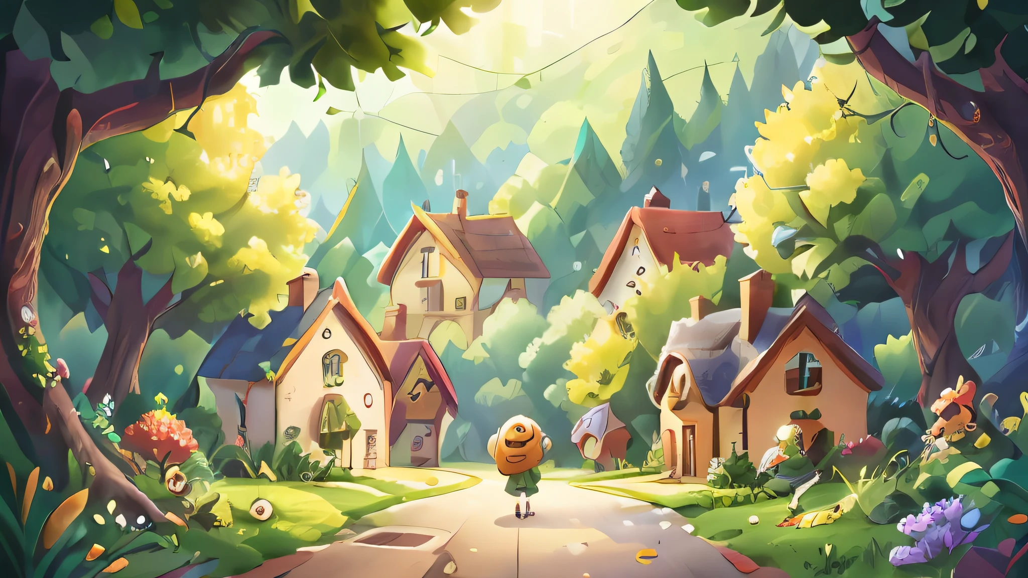 A village, surrounded by green hills and lush trees. Colorful houses line up along a street, happy people are seen walking and interacting with each other, perfect quality, clear focus (clutter - house: 0.8), (masterpiece: 1.2) (realistic: 1.2) (bokeh) (best quality) (intricate details) (8K) (sharp focus),