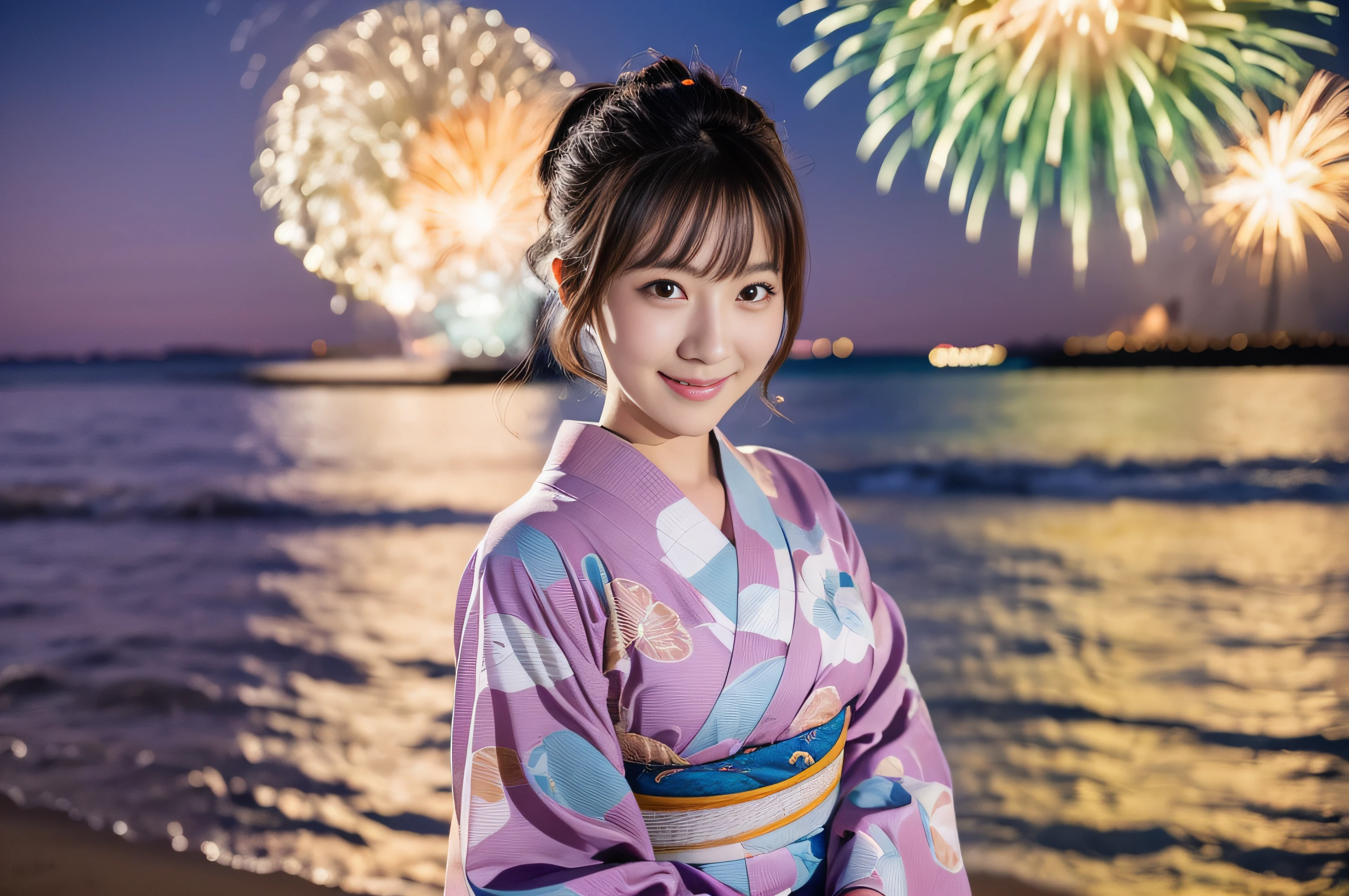 8K, very delicate and beautiful, very detailed eyes and face and skin, professional lighting, wonderful, (a large number of fireworks launched:1.2), (two beautiful Japanese ladies in the back looking at the many fireworks, 25 years old, dumpling hair), symmetrical clear eyes, slim, piercing, (smile, happy: 1.3), night:1.8, Japanese traditional yukata, cowboy shot, on the beach.