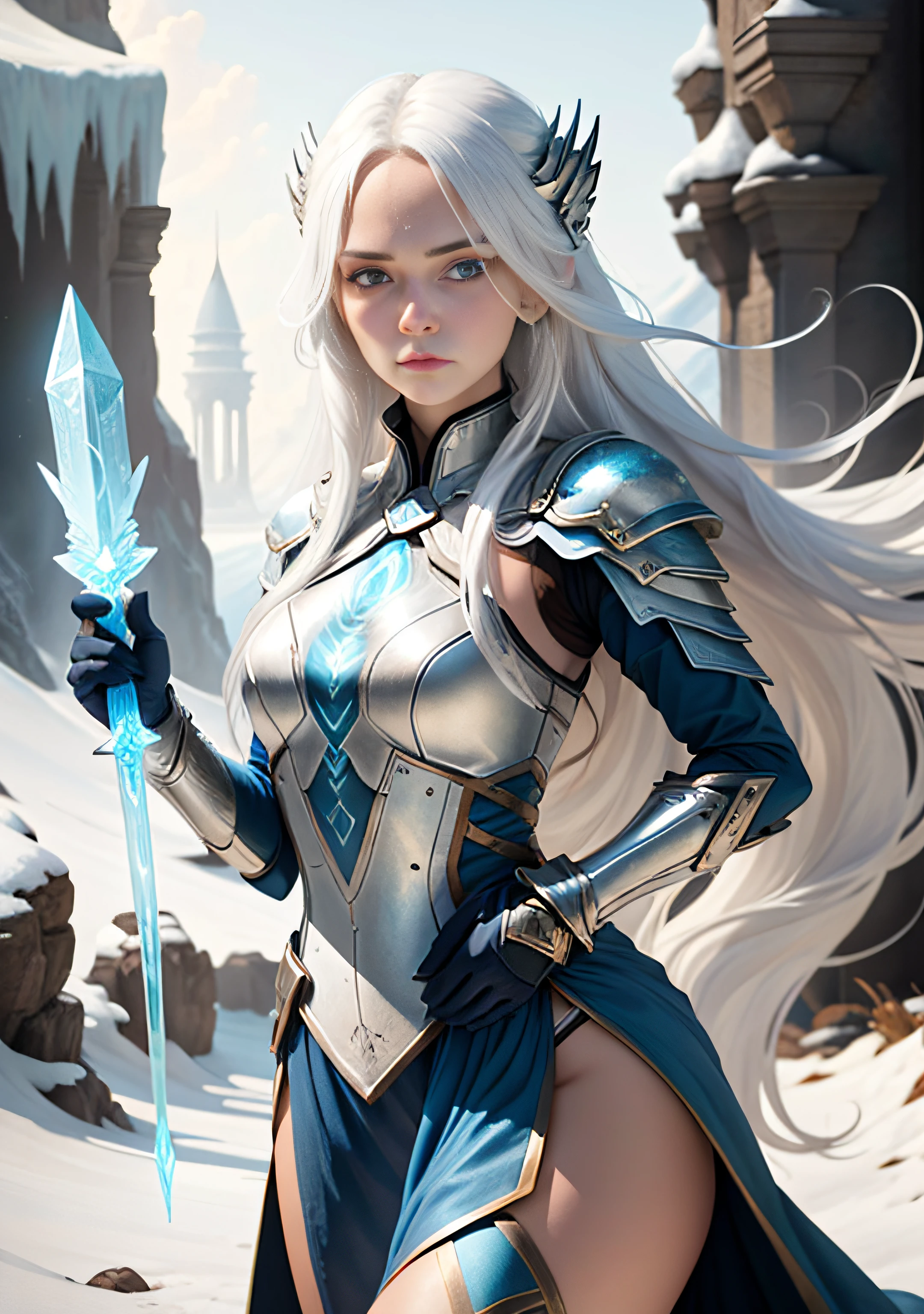 Woman with a tiara on her head and a navy blue winter cloak with white details and snowflake brooch. long black hair. light blue eyes. pink lips. long eyelashes. fair skin. Caucasian. queen of winter, snowy bottom. standing in the snow in front of a castle. snowflakes in the hair. Elf princess, portrait of an elf queen, elf queen, winter princess, an elf queen, artgerm in artstation pixiv, beautiful and elegant elf queen, iG model | artgerm, :: rossdraws, artwork in the style of guweiz, extremely detailed artgerm. full body, detailed background of a castle, hyper detailed, detailed face, sincere POV photo, by lee jeffries, nikon d850, film stock photography,4 kodak portra 400, f1.6 camera lens, rich colors, hyper realistic, realistic texture, dramatic lighting, cinestill 800, --auto