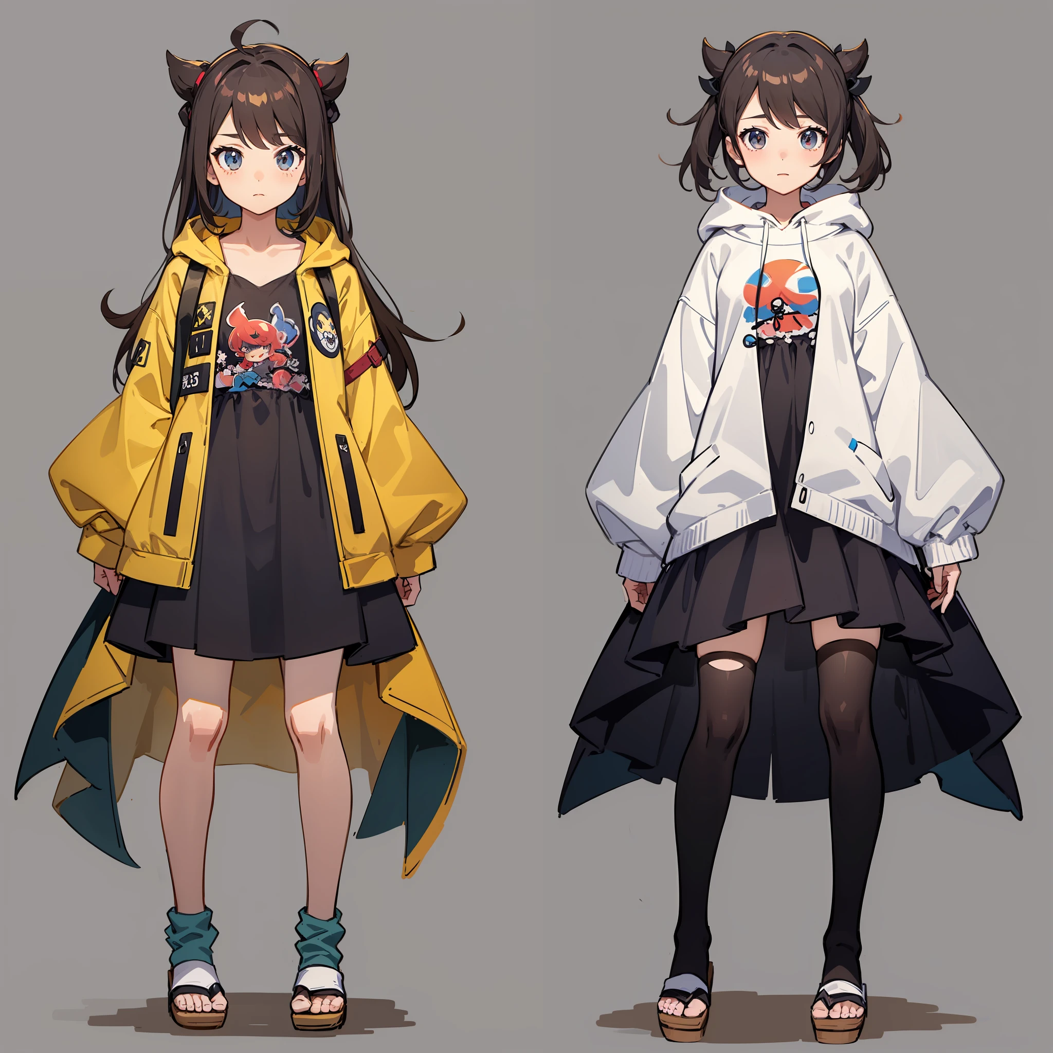 ((masterpiece)),(((best quality))),(character design sheet, same character, front, side, back), shedinja pokemon, shedinja girl, gijinka shedinja, pokemon shedinja anime girl, illustration, 1 girl, hair color brown, bangs, hairstyle, long hair, long dress, hoodie dress, grey dress, brown hoodie, long sleeves, drooping sleeves, no visible hands, long grey socks, wooden sandals, environment change scene, anime girl (simple background, white background: 1.3)