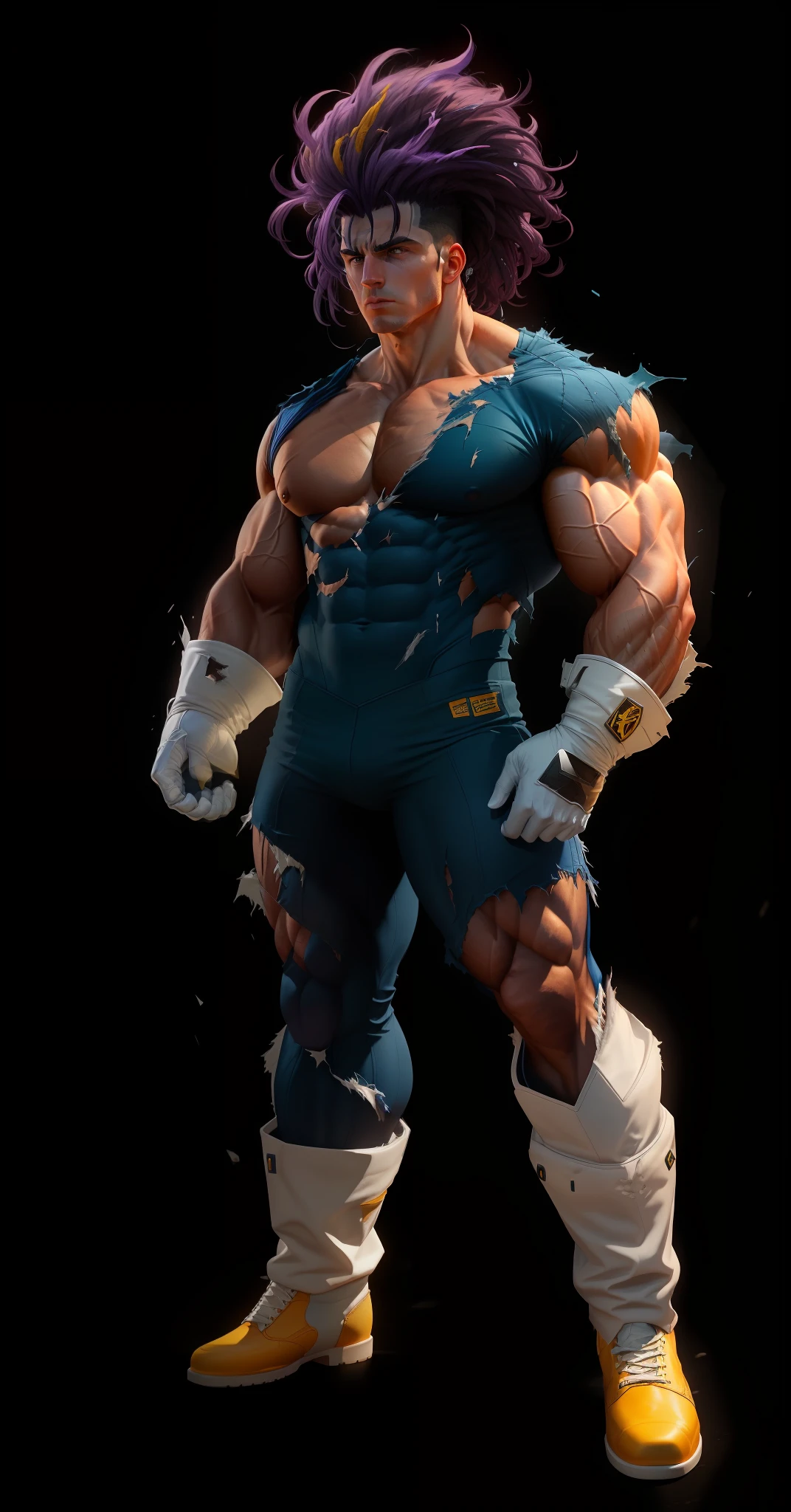 Purple haired adult male, extremely muscular, defined muscles full of veins, dark blue colored clothing totally torn, White boot with yellow tip, white gloves, serious face, muscle definition, large shoulders, rounded biceps, unreal engine 5.8k.