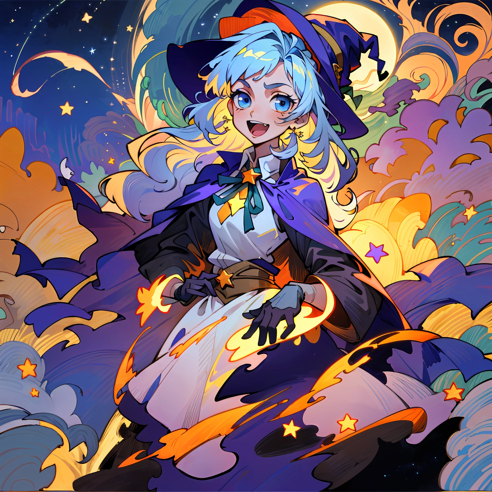 ((masterpiece:1.2, best quality)), 1girl, solo, (witch hat), a close up of a girl with curly hair, dress, aurora, night, star (sky), gloves, sky, dress, night sky, open mouth, starry sky, light blue eyes, ribbons, smile, cape, colorful hair, magic, casting spell, night, (impressionism:1.4), alphonse mucha, Halloween colors, colorful candy, magical lights, pumpkins, candies