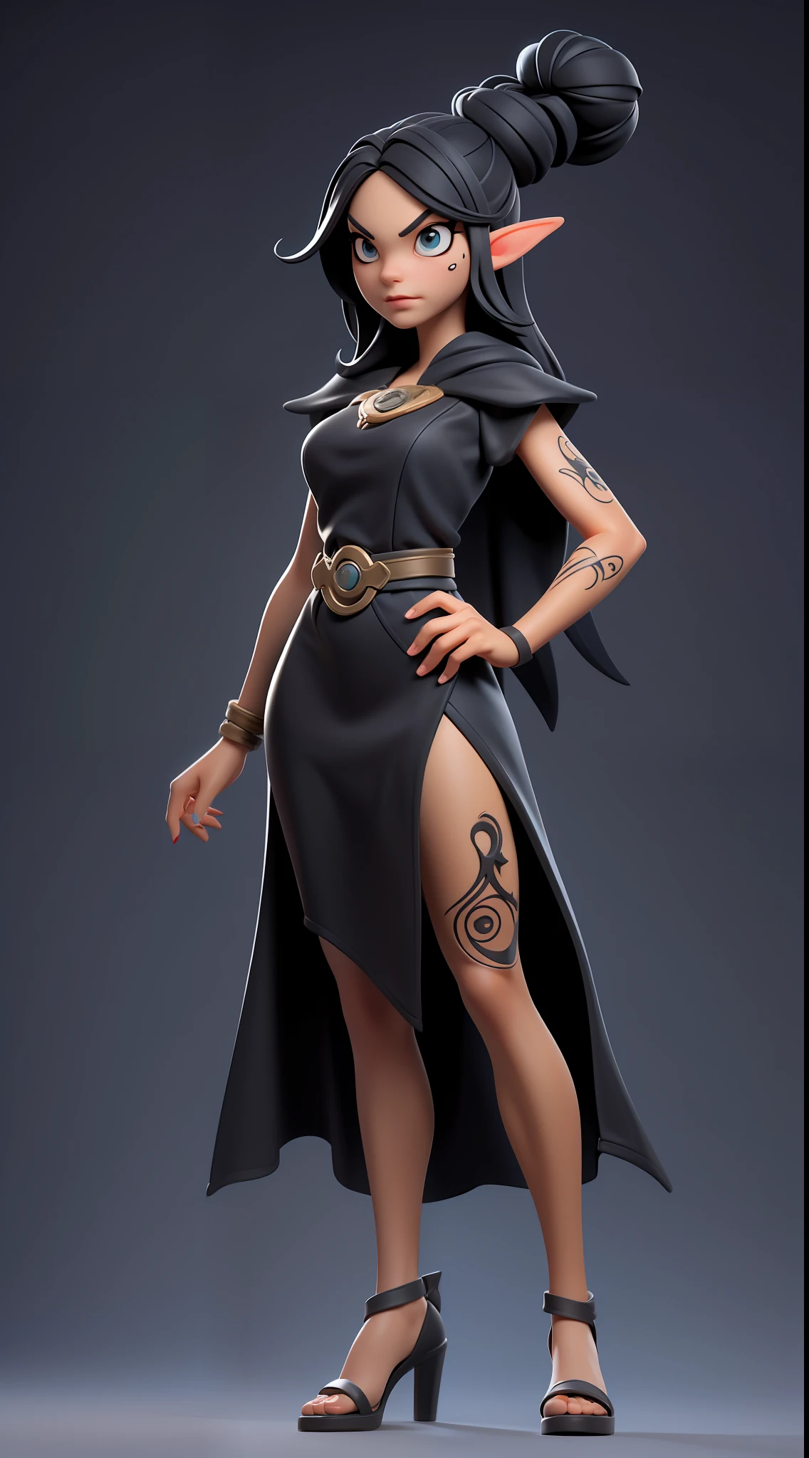(Masterpiece), (Excellent), (Super Meticulous), (Full Body: 1.2), realistic and proportional human body:1.2, gorgeous Woman, Female beautiful elf:1.5, tall and slender, small breasts, thin waist, thick tighs, elegant lady, black hair stylized in a high high bun:1.5, solo:1.5, 1girl, hyper detailed medieval long black dress:1.8, nouble, big realistic amber eyes:1.2, hyper detailed face, d&d iconic character, hyper natural realistic skin, herbal tattoos on her neck,Very Clean Face, Confident and proud facial expression, 3D character design, CGI extreme detailed wallpaper digital art, cartoon style correct anatomy, octane render, fierce expression on her face, volumetrics