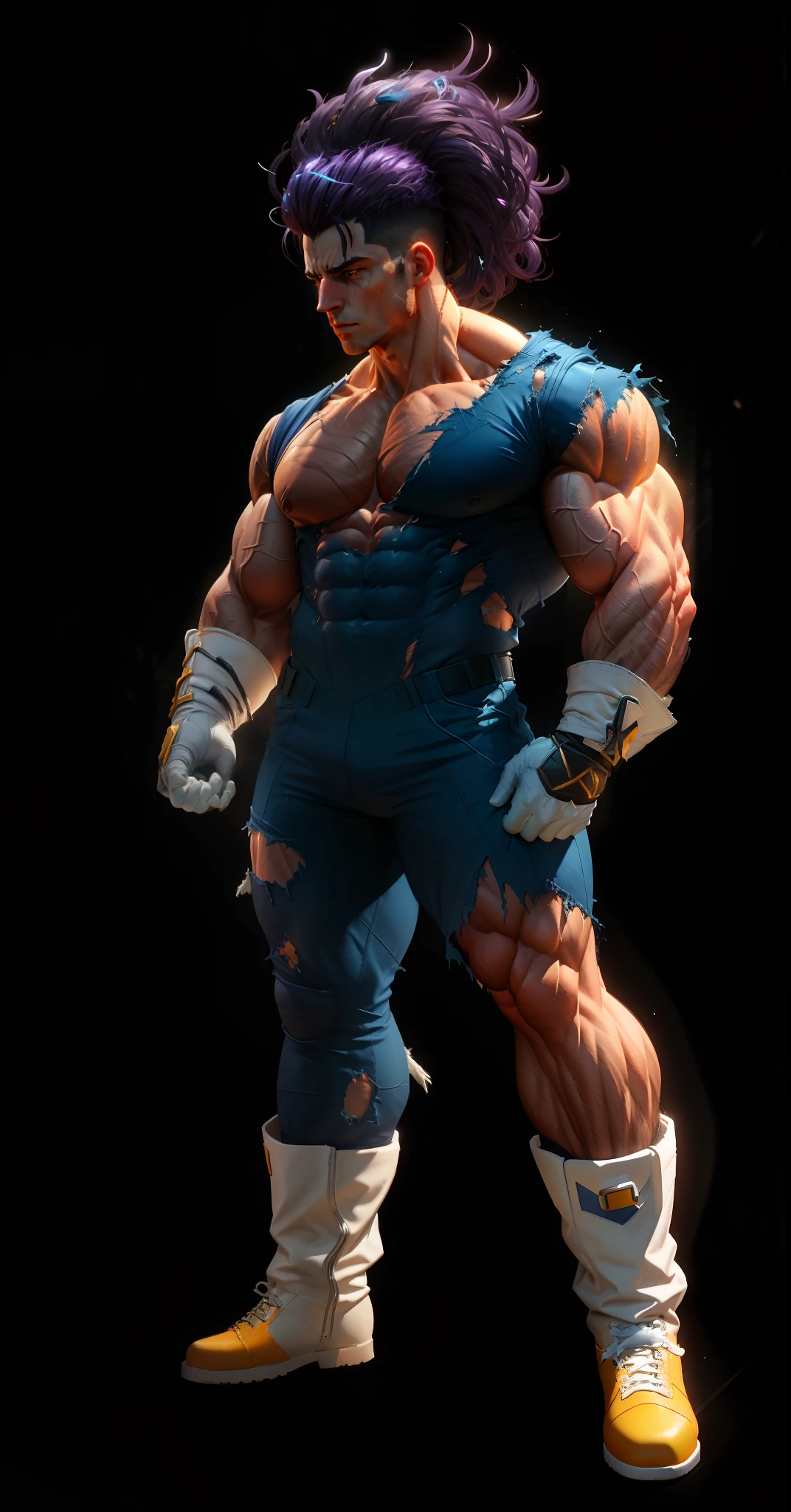 Purple haired adult male, extremely muscular, defined muscles full of veins, dark blue colored clothing totally torn, White boot with yellow tip, white gloves, serious face, muscle definition, large shoulders, rounded biceps, unreal engine 5.8k.