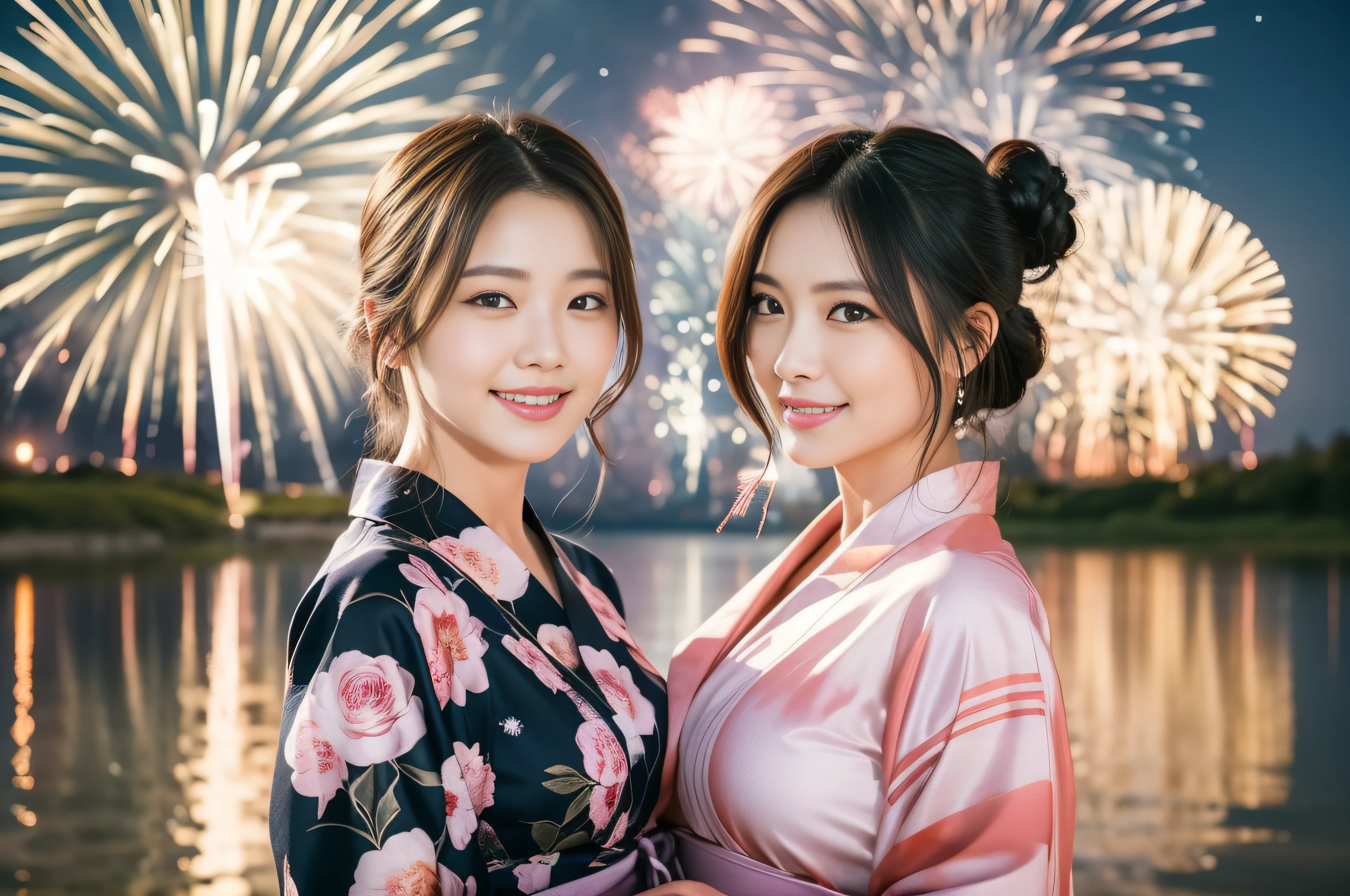 8K, very delicate and beautiful, very detailed eyes and face and skin, professional lighting, wonderful, (a large number of fireworks launched:1.5), two beautiful Japanese ladies in the back looking at the fireworks, (dumpling hair:1.2), symmetrical clear eyes, slim, piercing, (smile, happy: 1.3), looking at camera, night:1.8, Japanese traditional yukata, cowboy shot, on the beach.