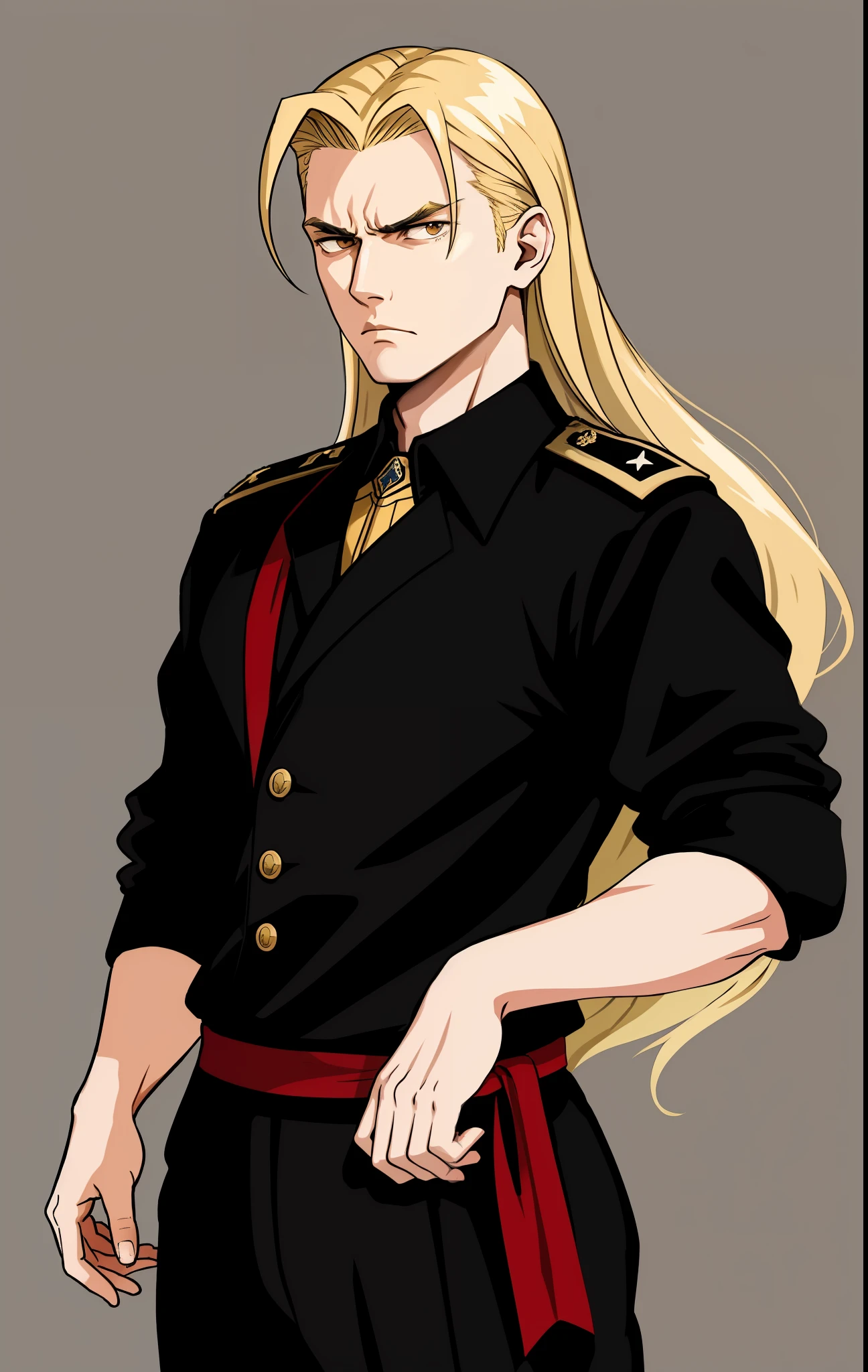 Young general with long blonde hair from the 40's, with a sullen face, black clothes, man, anger