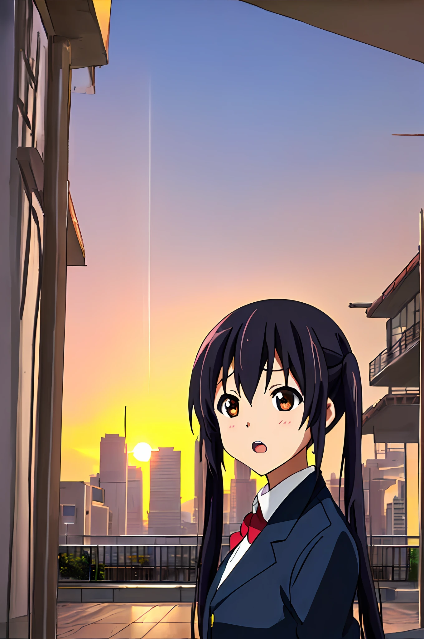 1girl, ((((Masterpiece))), Best Quality, Best Quality, High Detail, Azusa Nakano, 1girl, Sakuragaoka High School Uniform, Musical Instrument, School Uniform, Twin Tails, Long Hair, Black Hair, Brown Eyes, Solo, Red, Dark blue blazer with a thin ribbon of red, Solid white button shirt under blazer, Illustration, Cartoon, Soothing tones, Muted colors, Soft cinematic light, Adobe Lightroom, Photo Lab, HDR, complex and highly detailed, (((depth of field))))). (((Masterpiece))). (((highest quality))).) ((super detail))). (((Illustration))). (((Outside))). (((fighting stance))).,((((Giantization))).dynamic focus.small breasts. (((skyscrapers))). (((Cityscape))). (((Despair Face))). open mouth. (((Sunset))). (((Sunset))).