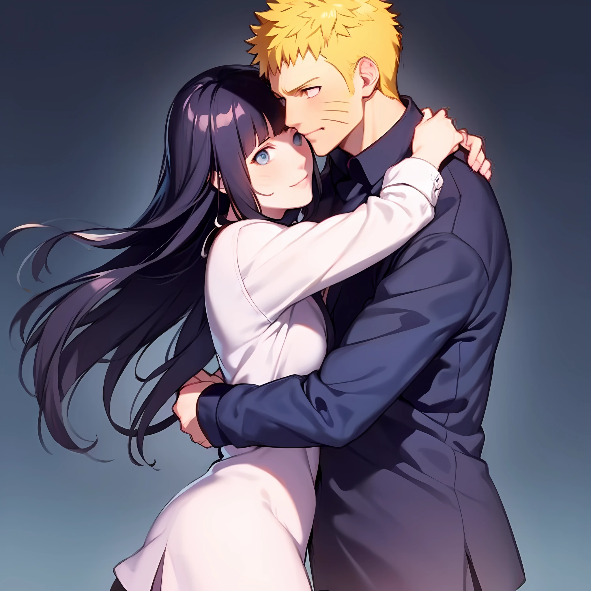 blonde man, dark blue hair girl, naruhina, hug, masterpiece, couple, standing, royalti, nobility