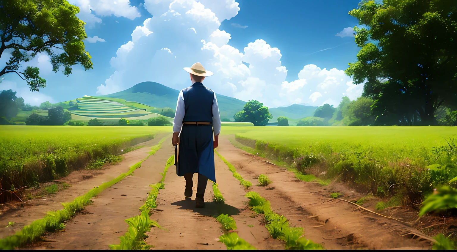 Old farmer carrying flat load, walking on winding path in countryside, big clouds, blue sky, rice terraces, neat rice seedlings in fields, forest, hillside, secluded, countryside, HD detail, hyper detail, movie, surrealism, soft light, deep field focus bokeh, ray tracing, surrealism