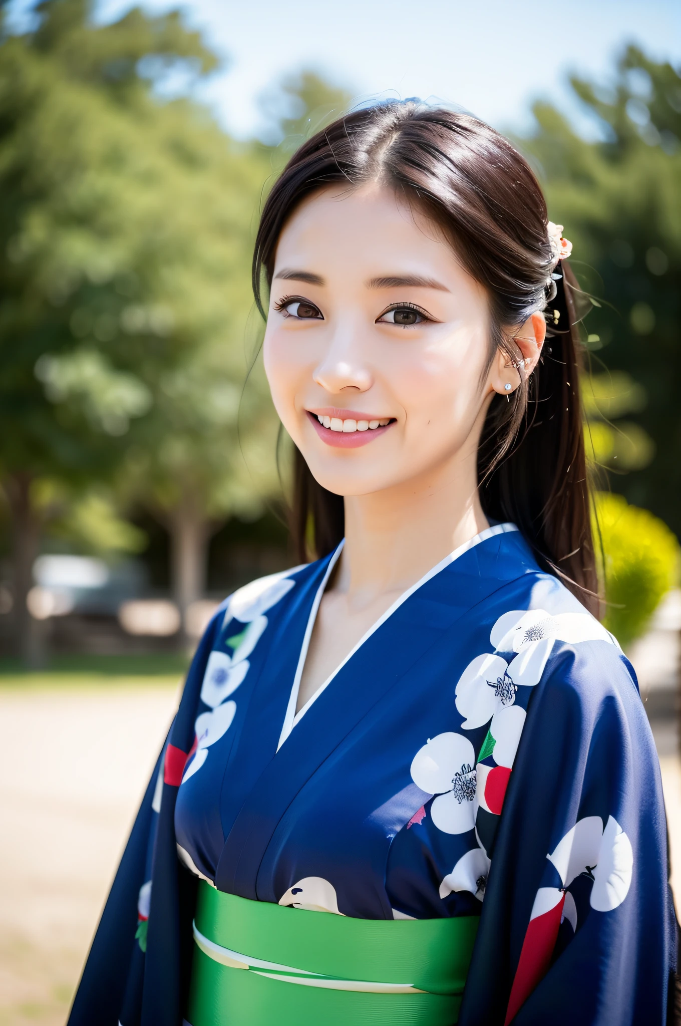 ((Top Quality, 8K, Masterpiece: 1.3)), Sharp Focus: 1.2, (Super Beautiful Face: 1.0), (Slender Abs Beauty: 1.0), (Shiny Skin: 1.0), Realistic Photography, Black Hair, Realistic Pupils, Video Lighting, High Definition Eyes and Face, Video Lighting, (Cowboy Shot: 1.3), (Kimono, Hakama, Obi: 1.4), (Korean Cute Actress), Traditional Kimono, Happy, Watch the audience, From the front, big