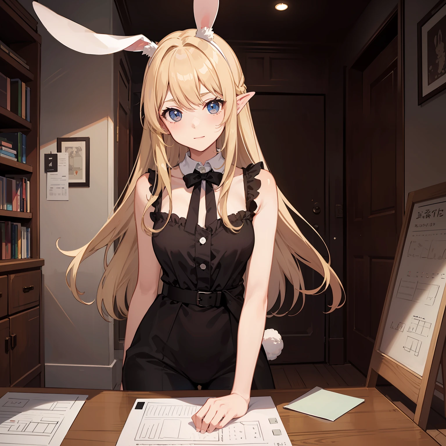 Anime drawing of a girl with long blonde hair, ((Rabbit-eared girl)),blueprint