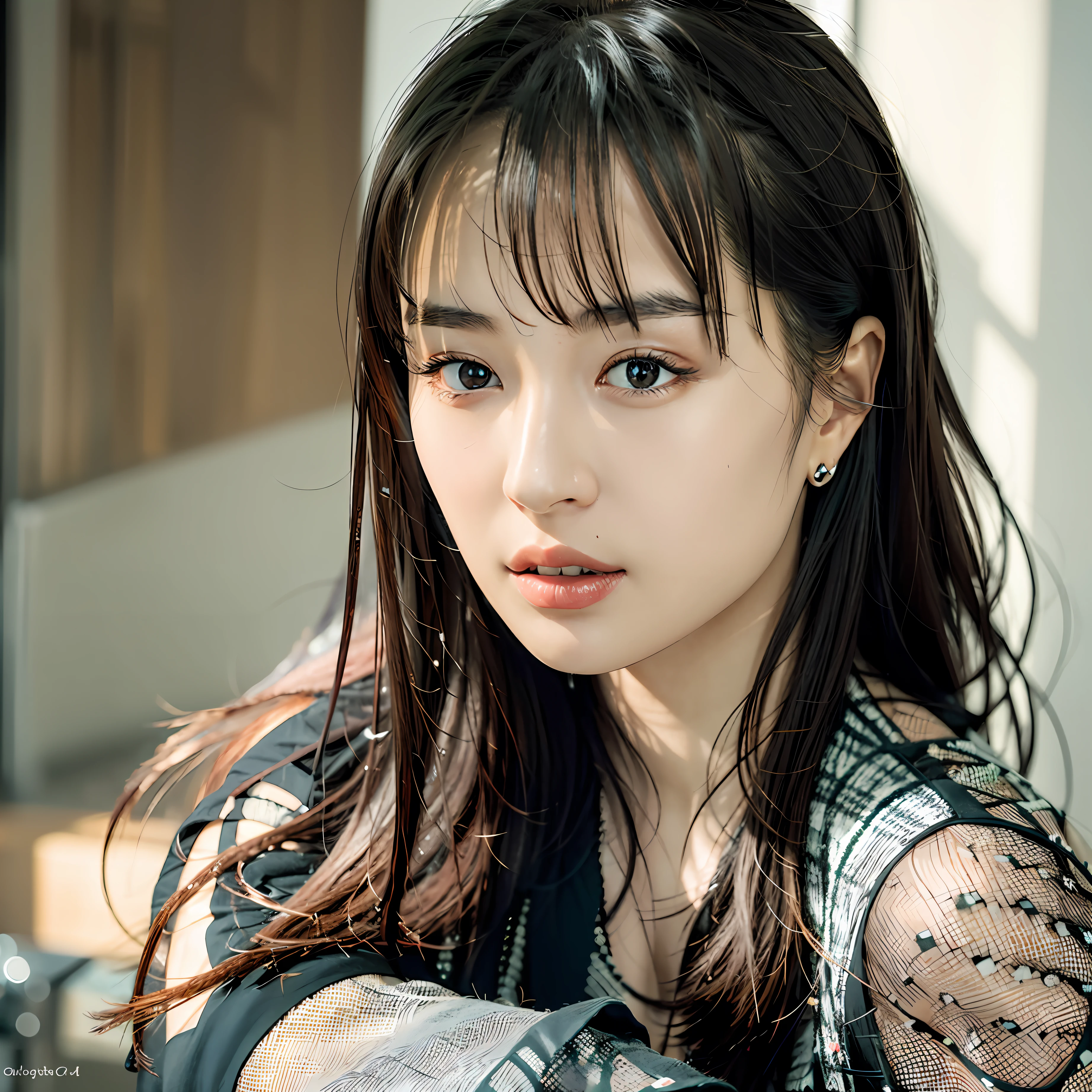 Top quality, masterpiece, ultra-high resolution, (photorealistic: 1.4), raw photo, 1 girl, dark hair, shiny skin, detailed eyes, dramatic lighting, attractive rendition, long front hair, cleanliness,
