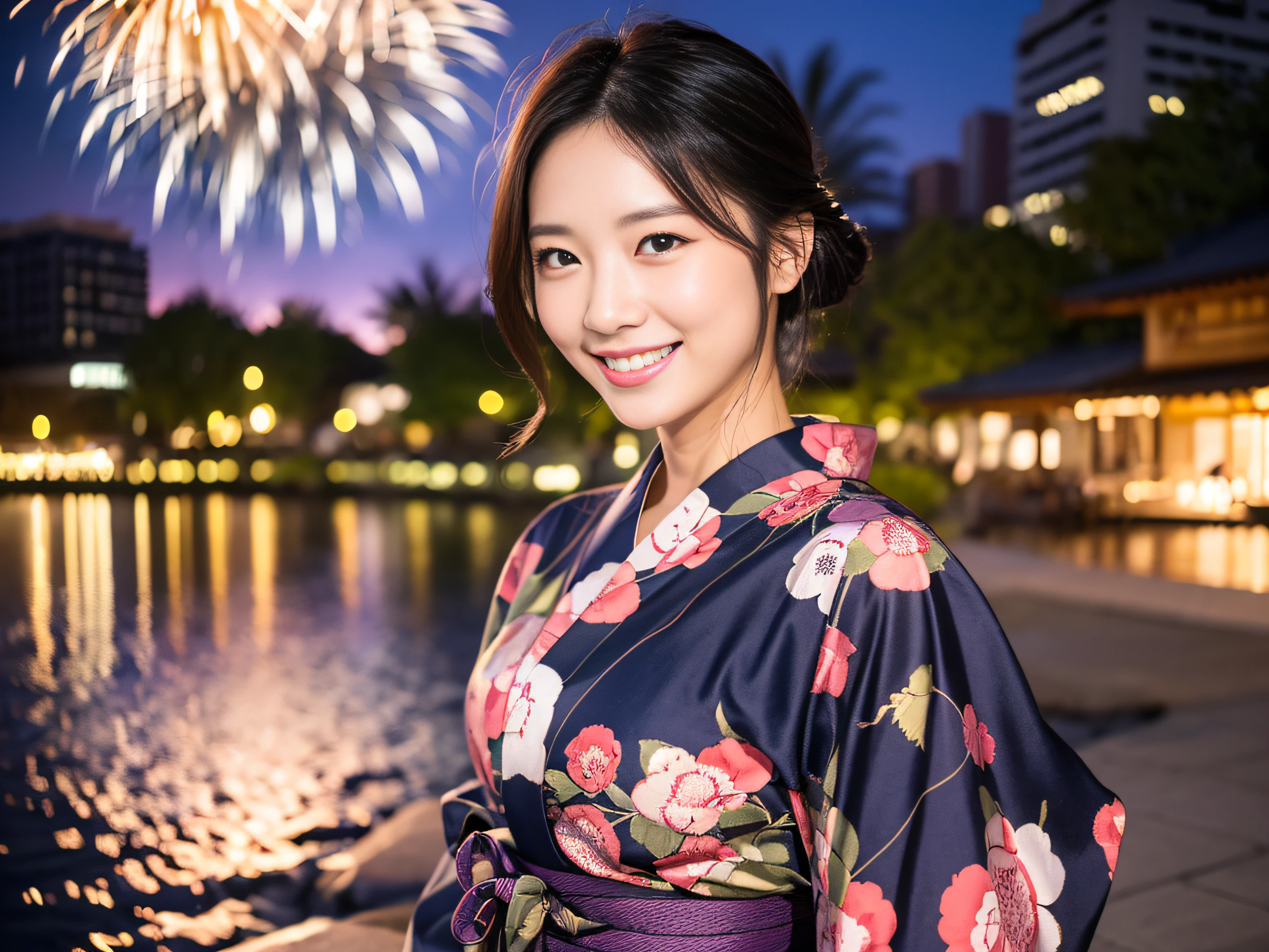 8K, very delicate and beautiful, very detailed eyes and face and skin, professional lighting, wonderful, port, (a large number of fireworks launched), full body shot, (one beautiful Japanese woman in the back looking at the fireworks, 25 years old, dumpling hair), symmetrical clear eyes, slim, piercing, (smile, happy smile: 1.3), night:1.8, yukata:1.2,