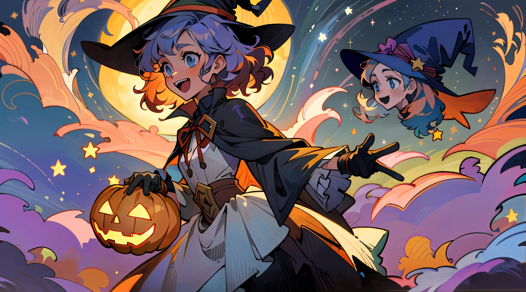 ((masterpiece:1.2, best quality)), 1girl, solo, (witch hat), a close up of a girl with curly hair, dress, aurora, night, star (sky), gloves, sky, dress, night sky, open mouth, starry sky, light blue eyes, ribbons, smile, cape, colorful hair, magic, casting spell, night, (impressionism:1.4), alphonse mucha, Halloween colors, colorful candy, magical lights, pumpkins, candies