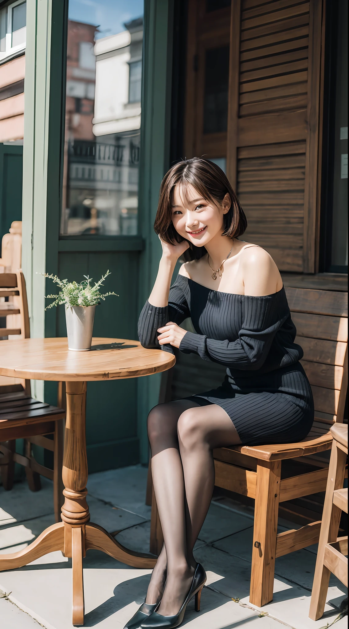 8K UHD, DSLR, Film Grain, Fujifilm XT3, (Best Quality: 1.3), (Masterpiece: 1.1), High Resolution, Cinematic Light, Intricate Detail, (Photorealistic), Outside, Beautiful Outside, Sunny,
Korean girls, (Cafe: 1.5), dimples, bob cuts, viewer show, detailed wood, ribbons, bow ties, bare shoulders, ribbed sweaters,
pencil skirt, high waist skirt, headrest, sitting, indoor,
Necklace, black pantyhose, seat transport sweater, (smile), (full body: 1.6), slender, tube top, undressing, no panties
