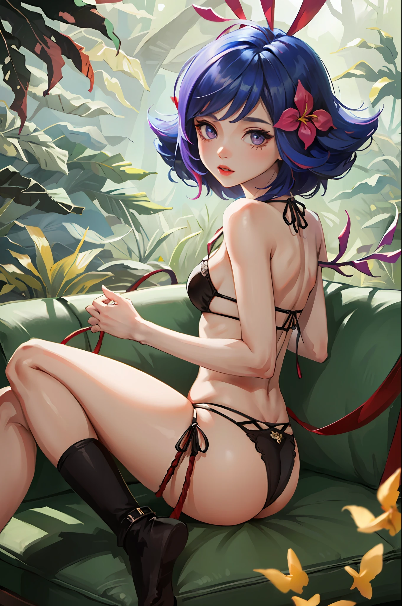 ((Cinematic light, Best quality, 8k, Masterpiece :1.3)), 1girl, Beautiful woman with thin abs :1.4, (purple hair, small breasts :1.3), rope panties, bra :1.2, hopefully falling, seductive open lips, sofa, ultra-detailed face, detailed eyes, double eyelidwork, best quality, Neeko, hair ornaments, hair flower, back looking at the viewer, beautiful ass, small panties rainforest background
