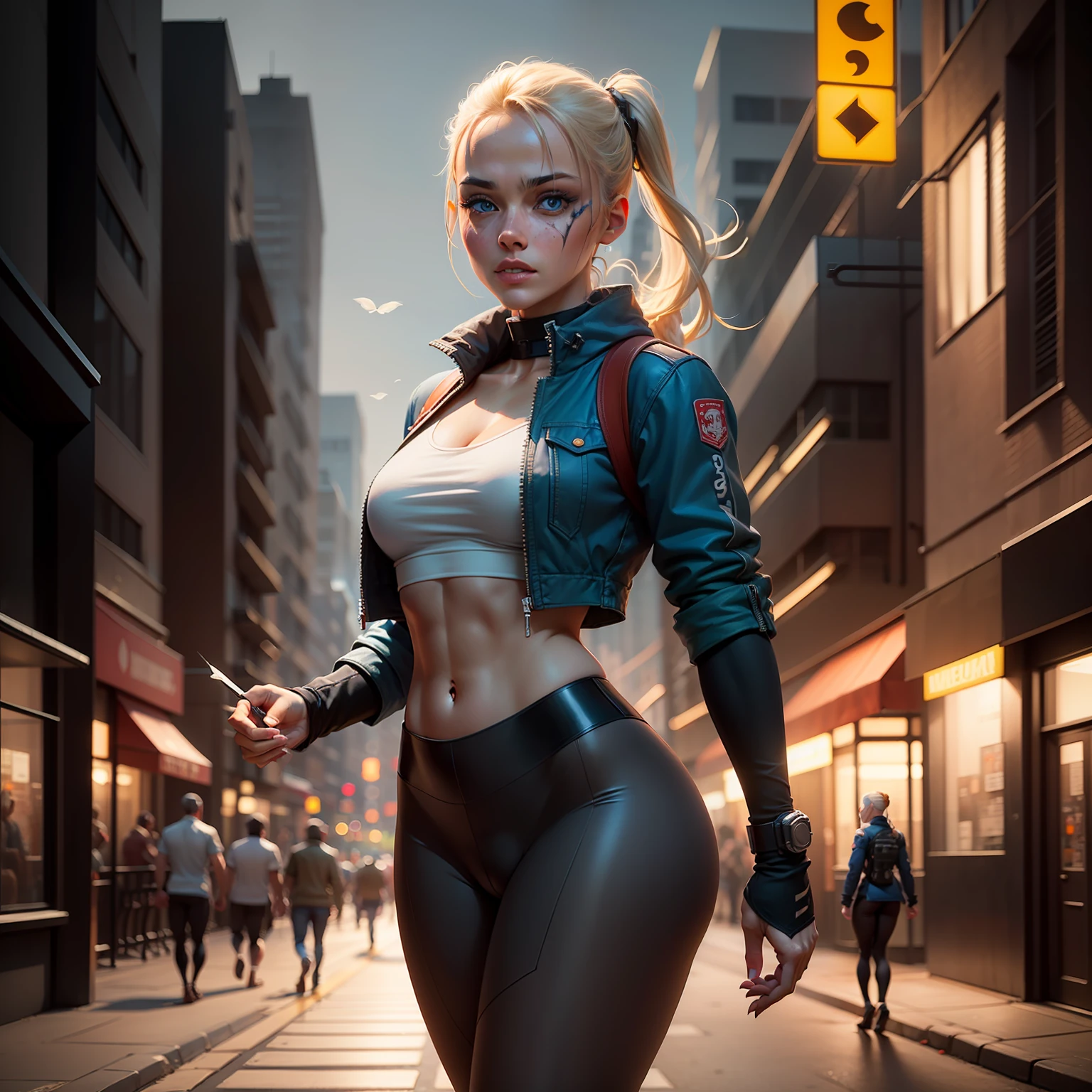 ((Best Quality, 8K, Masterpiece: 1.3)), Detailed Eyes, Double Eyelids, (1girl), (Left Face Scar), (28 years old, sexy maturity), (Vest line, thin waist, buttocks), (Blue jacket), ((Big blue eyes, long eyelashes)), ((Pout)), ((Firm nose)), (Realistic skin details), Detailed Face, Best Light, Best Shadow, Edge Lighting, Ray Tracing, Unreal Engine 5, (Cammy white from street fighter 6, game CG character modeling)), beautiful shiny hair, (((dark gray tights)))), muscular, collar, abs, (mid-chest hard), (leg muscle lines), neon lights, bustling and lively streets, distant high-rise buildings, night, NVIDIA RTX, Super-Resolution, Unreal 5, Subsurface scattering, PBR Texturing, Post-processing,Anisotropic Filtering,Depth-of-field,Maximum clarity and sharpness,Multi-layered textures,Albedo and Specular maps,Surface shading,Accurate simulation of light-material interaction,Perfect proportions,Octane Render,Two-tone lighting,Wide aperture,Low ISO,White balance,Rule of thirds,8K RAW --auto