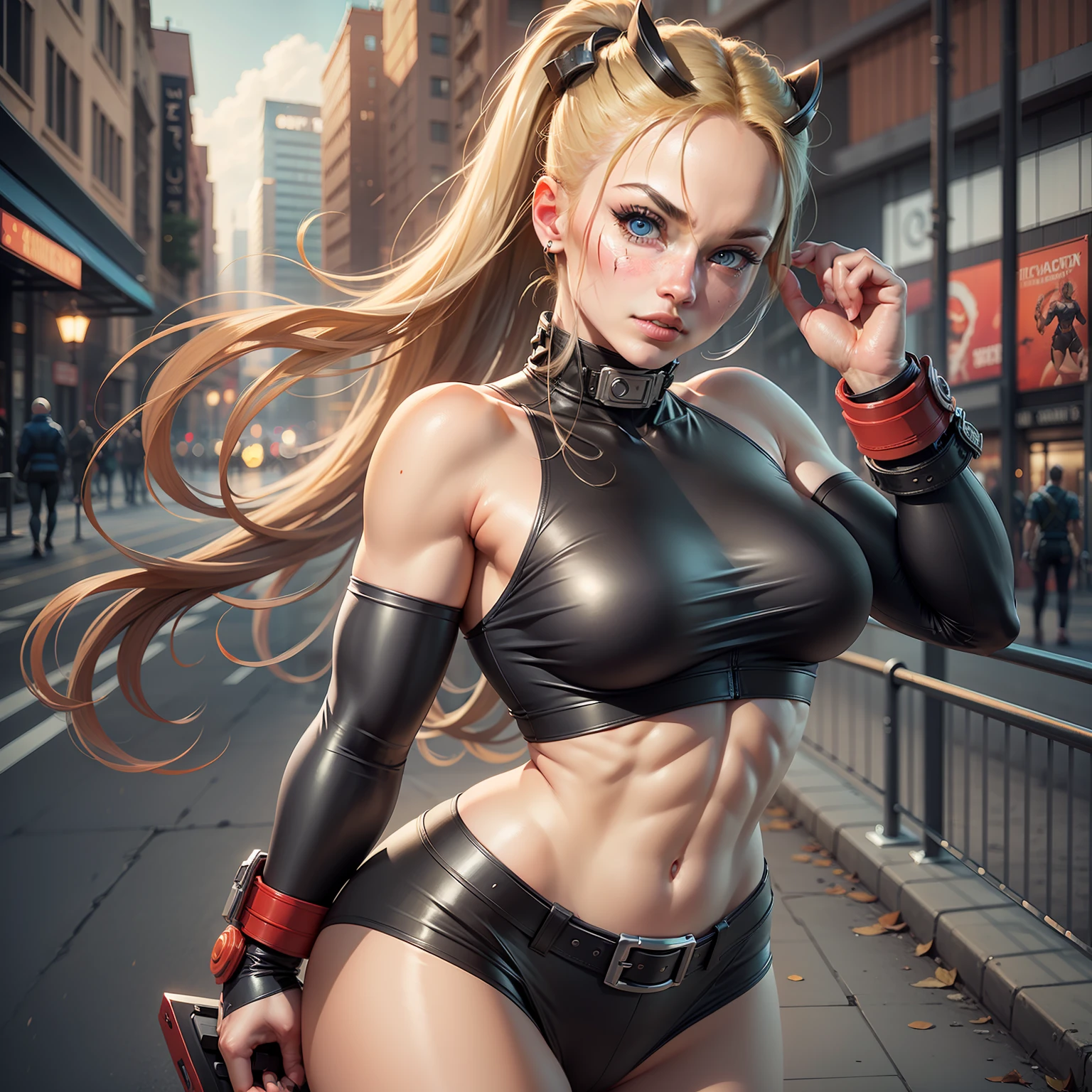 ((Best Quality, 8K, Masterpiece: 1.3)), Detailed Eyes, Double Eyelids, (1girl), (Left Face Scar), (28 years old, sexy maturity), (Vest line, thin waist, buttocks), (Blue jacket), ((Big blue eyes, long eyelashes)), ((Pout)), ((Firm nose)), (Realistic skin details), Detailed Face, Best Light, Best Shadow, Edge Lighting, Ray Tracing, Unreal Engine 5, (Cammy white from street fighter 6, game CG character modeling)), beautiful shiny hair, (((dark gray tights)))), muscular, collar, abs, (mid-chest hard), (leg muscle lines), neon lights, bustling and lively streets, distant high-rise buildings, night, NVIDIA RTX, Super-Resolution, Unreal 5, Subsurface scattering, PBR Texturing, Post-processing,Anisotropic Filtering,Depth-of-field,Maximum clarity and sharpness,Multi-layered textures,Albedo and Specular maps,Surface shading,Accurate simulation of light-material interaction,Perfect proportions,Octane Render,Two-tone lighting,Wide aperture,Low ISO,White balance,Rule of thirds,8K RAW --auto