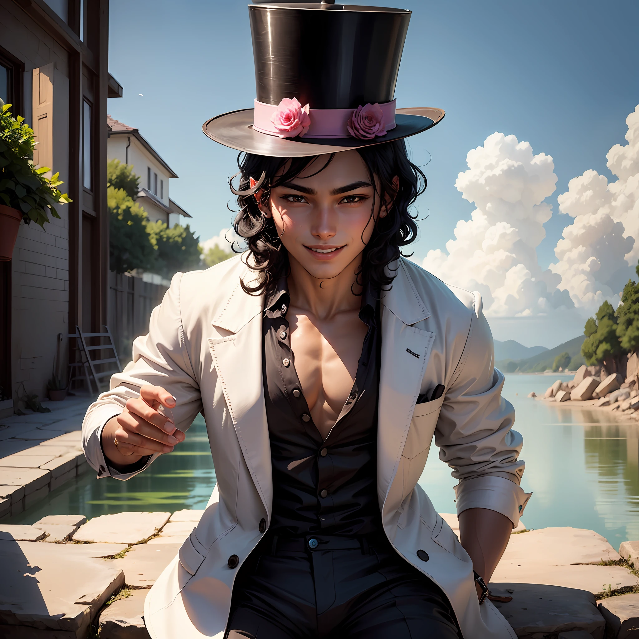 Anime, A young boy, he has black curly hair, wears a top hat, has pink eyes and a serene smile