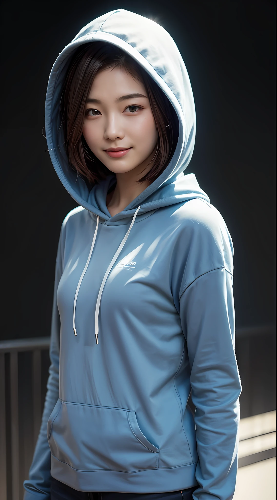 8K, Best Quality, Masterpiece, Realistic, Super Detailed, Photo Realistic, Hyper Realistic, Smooth Lighting, Movie Lighting Quality Enhancement, Realistic Lighting, Backlight, Bright Light, Enhance Quality, Best Quality Real Texture Skin,
close-up, slender, cute face, smile, beautiful detail eyes, 19 year old Korean, pretty, electric blue color drill hair, hood, bob