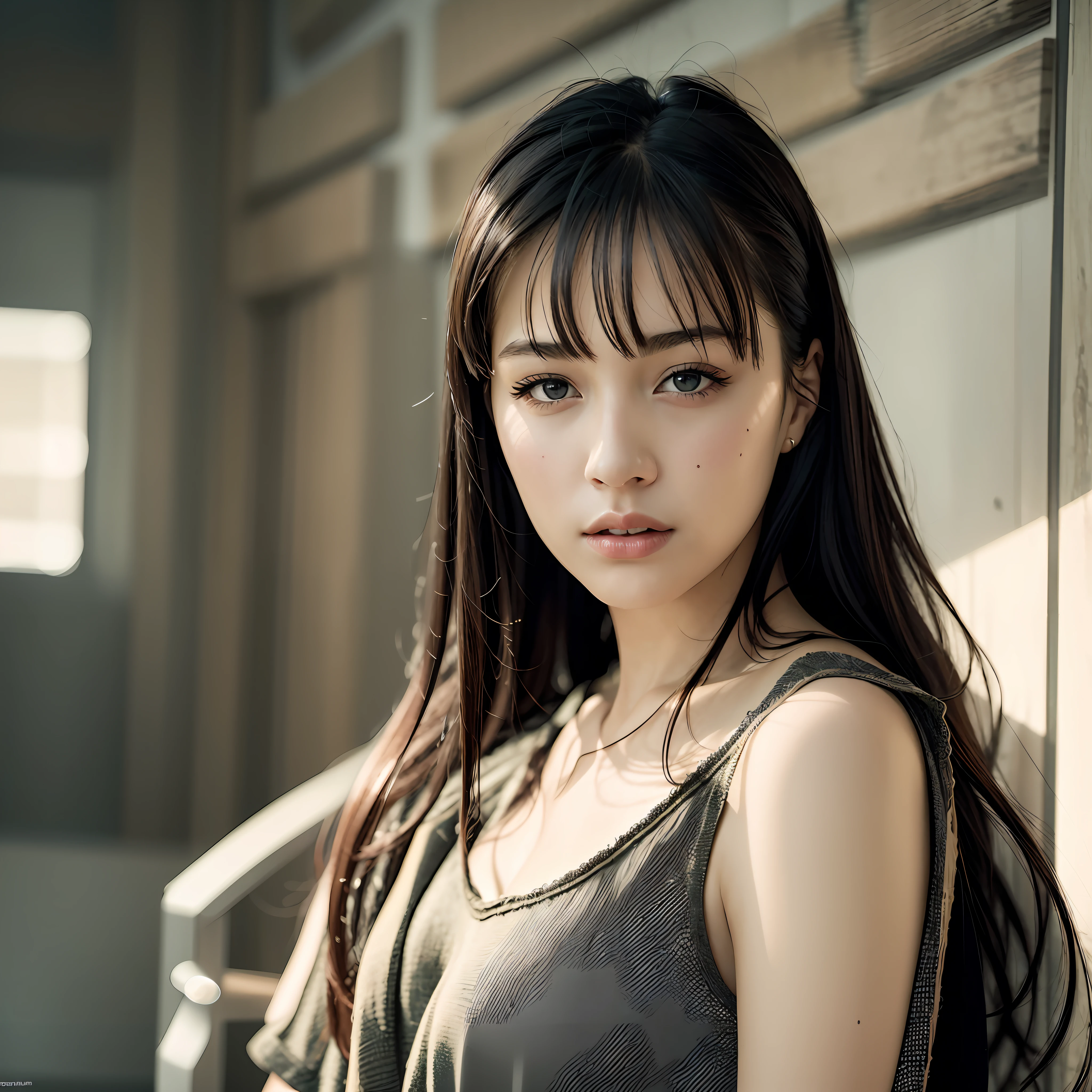 Top Quality, Masterpiece, Ultra High Resolution, (Photorealistic: 1.4), Raw Photo, 1 Girl, Dark Hair, Glossy Skin, Detailed Eyes, Dramatic Lighting, Attractive Rendition, Very Long Front Hair, Clean, Lifelike Photos, 8k, Ultra HD, Real