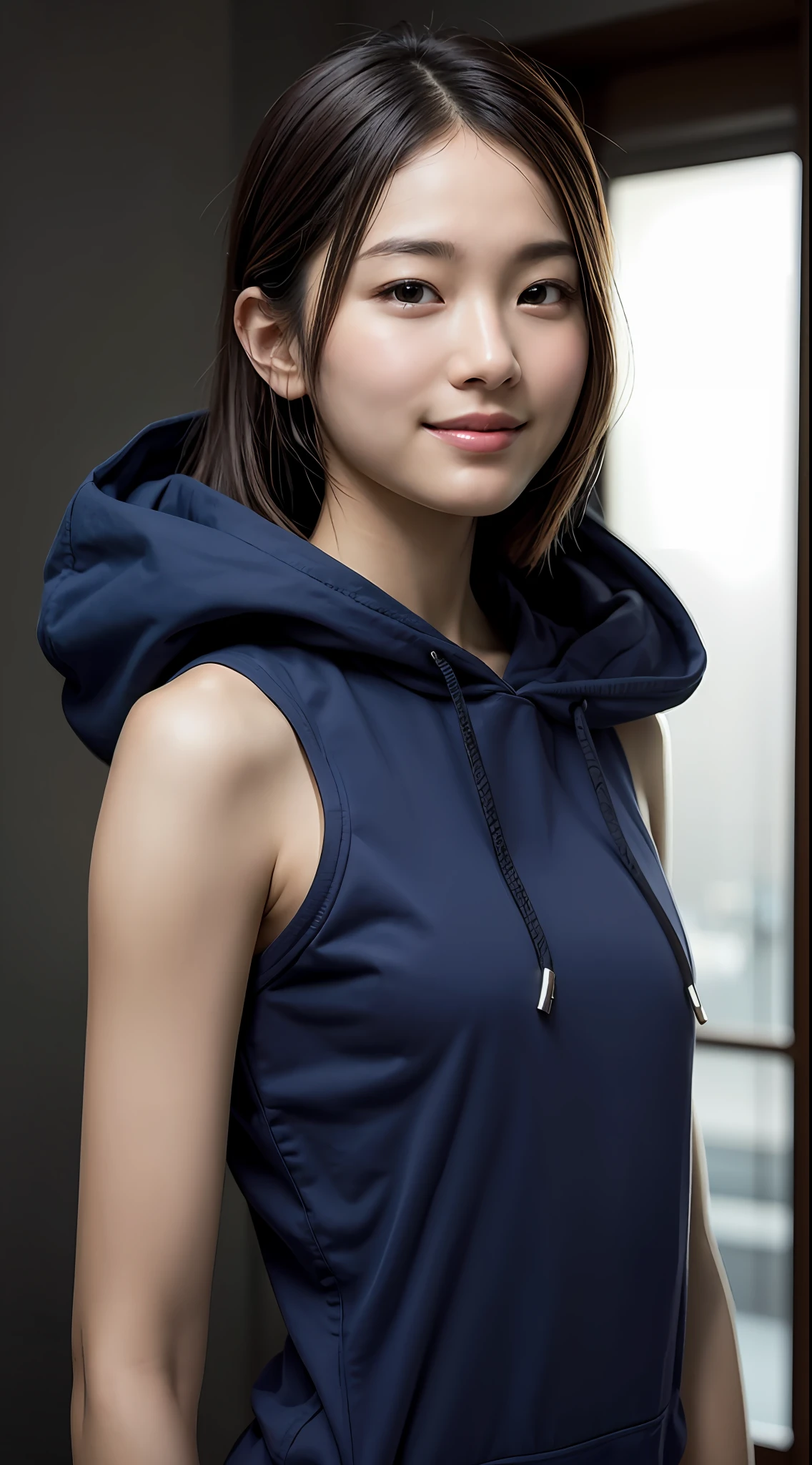 8K, Best Quality, Masterpiece, Realistic, Super Detailed, Photo Realistic, Hyper Realistic, Smooth Lighting, Movie Lighting Quality Enhancement, Realistic Lighting, Backlight, Bright Light, Enhance Quality, Best Quality Real Texture Skin,
close-up, slender, cute face, smile, beautiful detail eyes, 19 year old Korean, pretty, electric blue color drill hair, hood, bob
