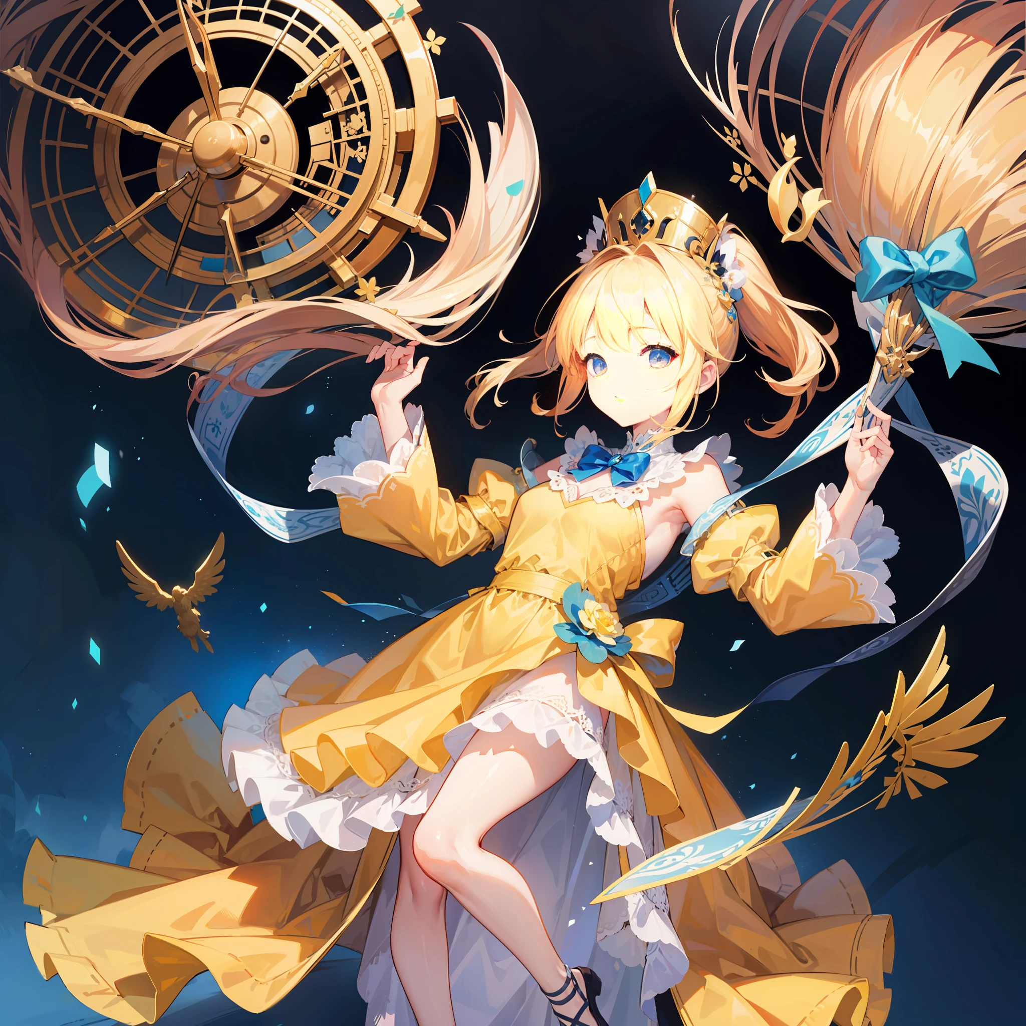 Masterpiece, best quality, (very detailed CG Unity 8k wallpaper) (best quality), (best illustration), (best shadow) (full body picture), double ponytail girl, light blue princess dress, big bow back ornament, yellow tunic, top hat headdress, yellow haired girl, cute, cute