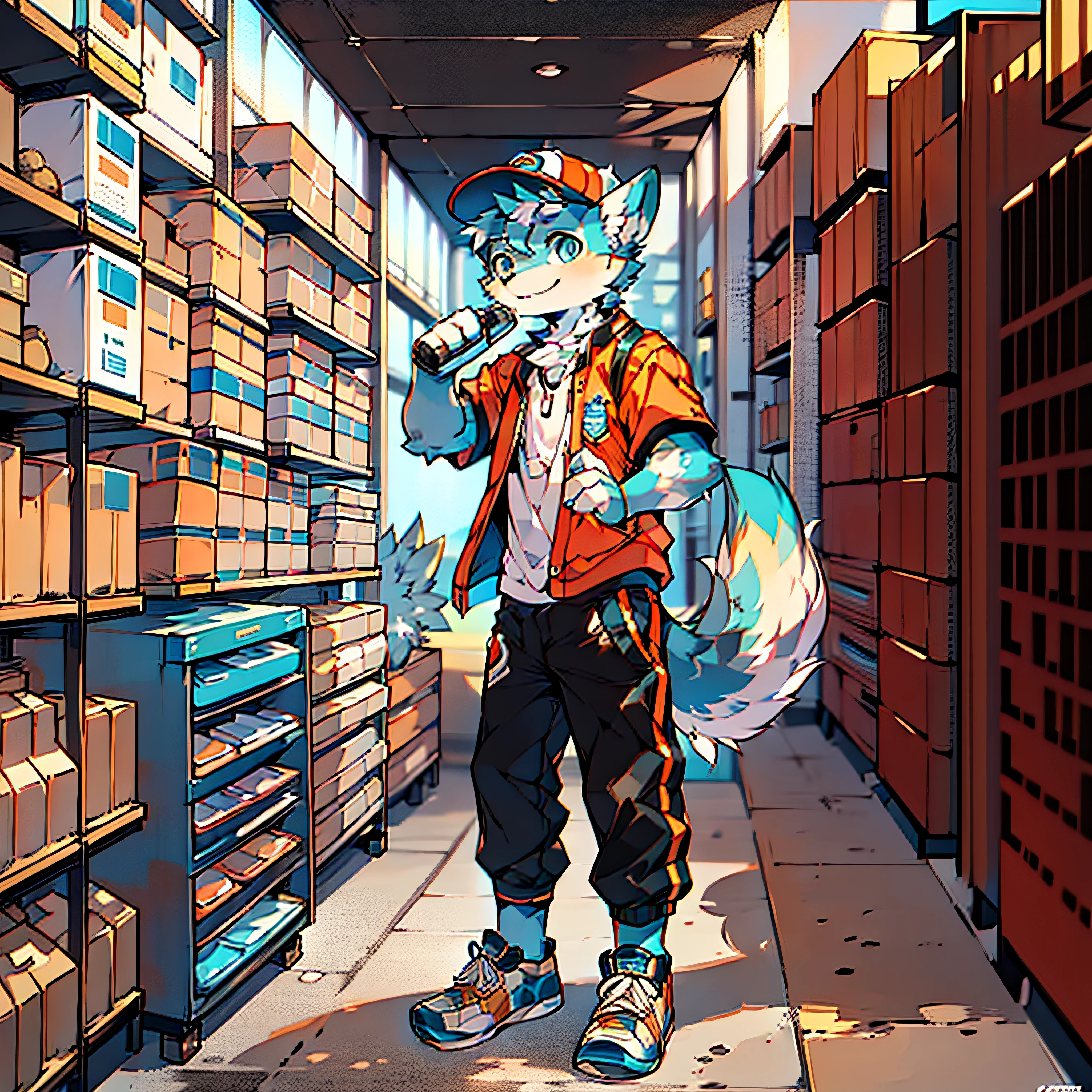 Logistics, dog ears, dog tail, technology, blue and white hair, full body hair, fluffy tail, smile, single, sneakers, computer in hand, with orange hat, orange short sleeves, black pants, logistics warehouse, male students, wearing a pair of sneakers, blue eyes