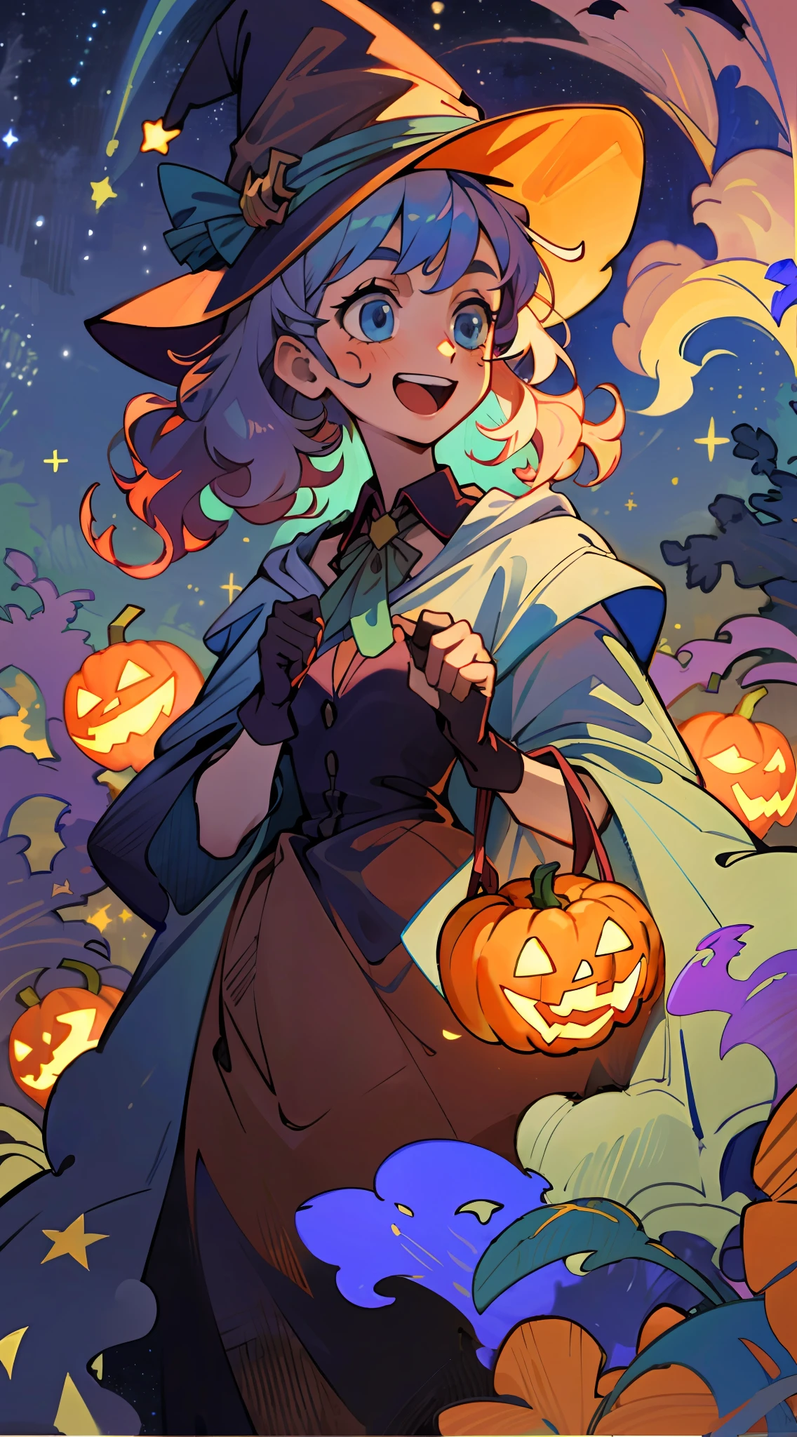 ((masterpiece:1.2, best quality)), 1girl, solo, (witch hat), a close up of a girl with curly hair, dress, aurora, night, star (sky), gloves, sky, dress, night sky, open mouth, starry sky, light blue eyes, ribbons, smile, cape, colorful hair, magic, casting spell, night, (impressionism:1.4), alphonse mucha, Halloween colors, colorful candy, magical lights, pumpkins, candies